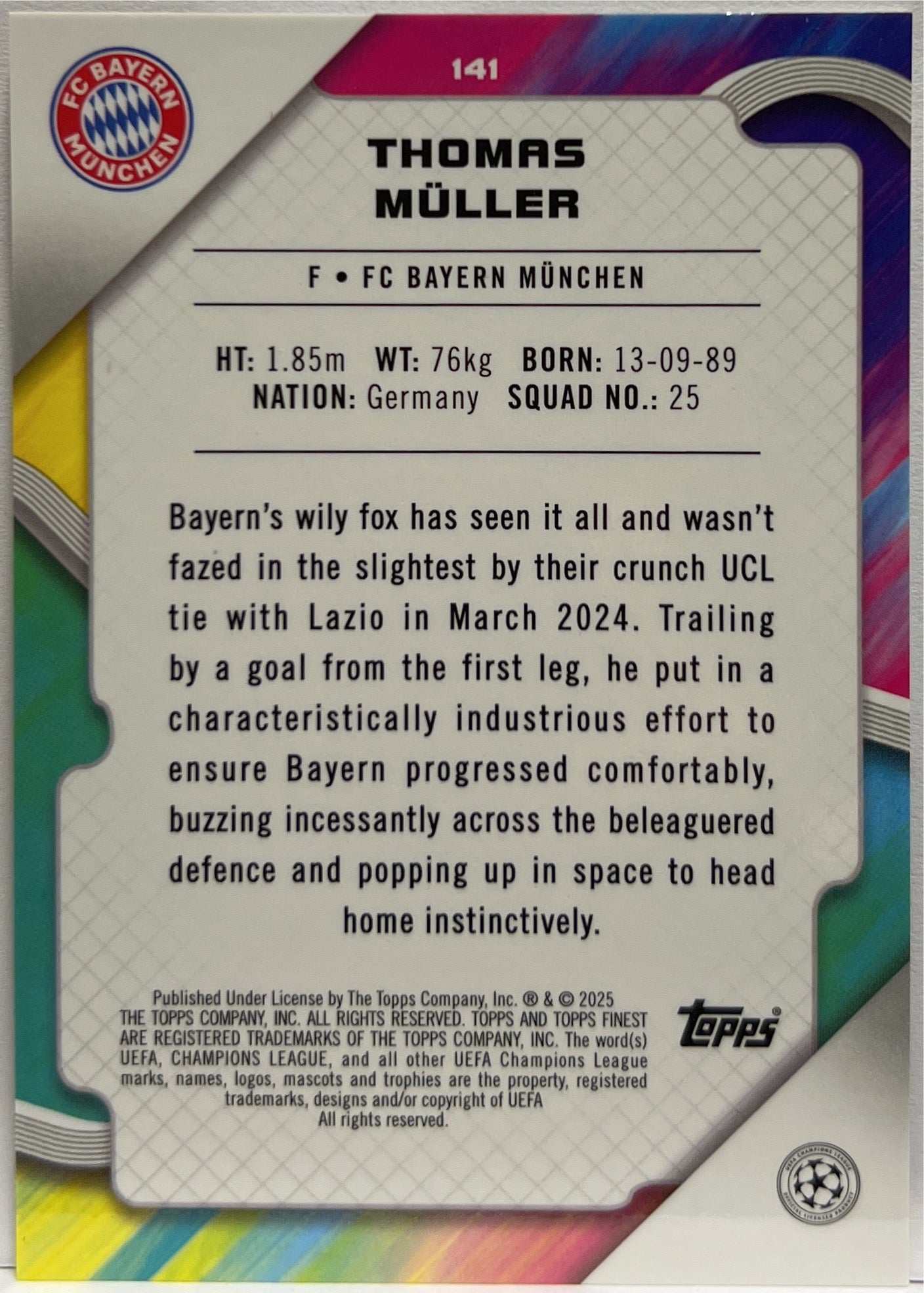 Thomas Muller 30/50 Gold Topps Finest UCC 2024/25