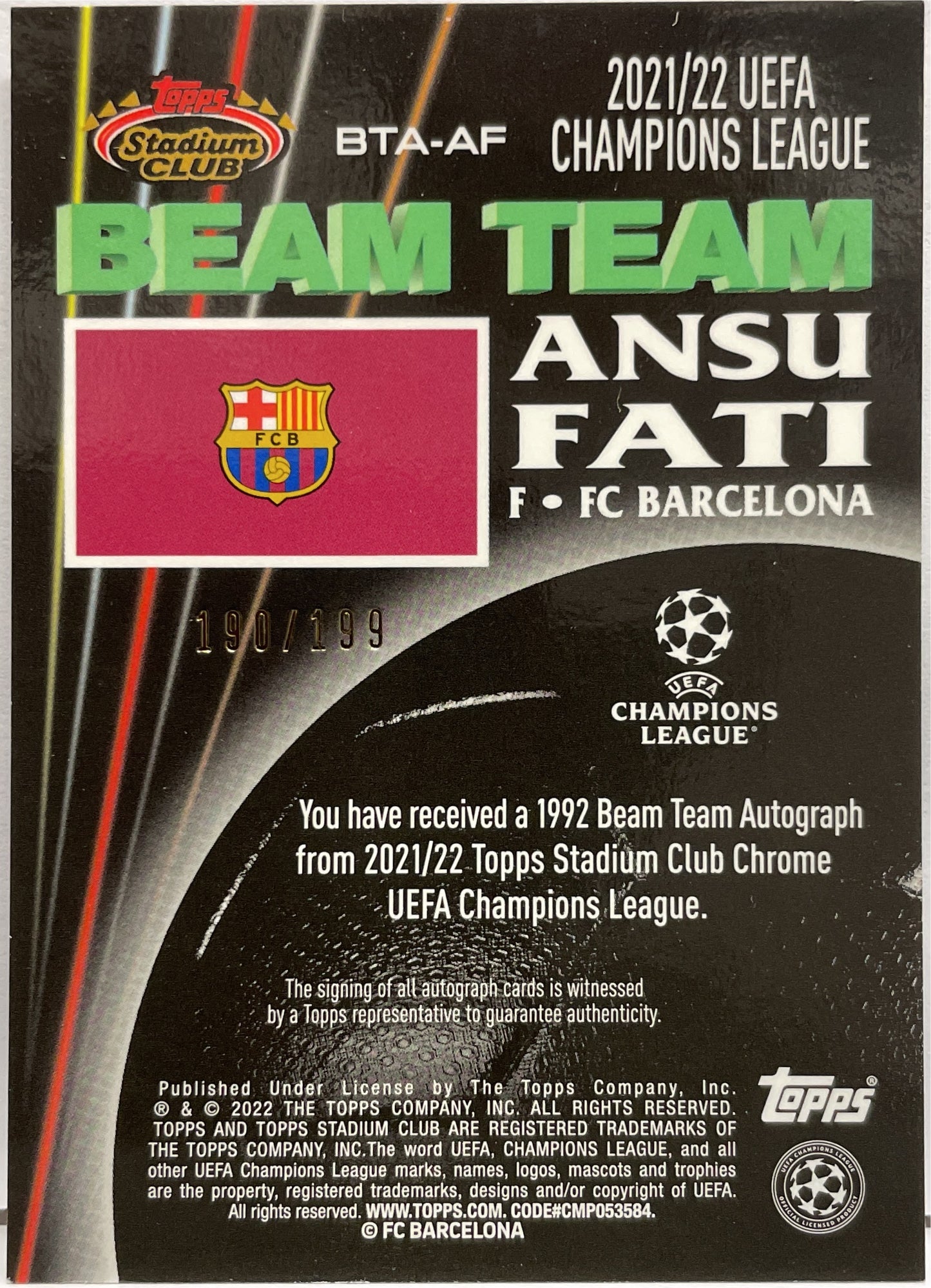 Ansu Fati 190/199 Autograph Beam Team Topps Stadium Club 2021/22