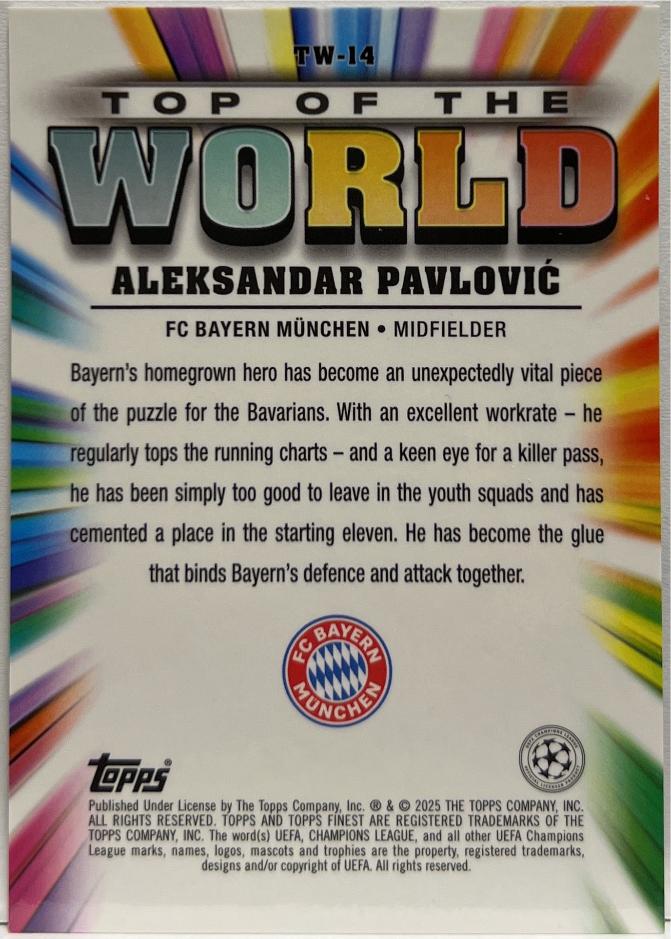 Aleksander Pavlovic 42/50 Top Of The World Gold Topps Finest UCC 2024/25