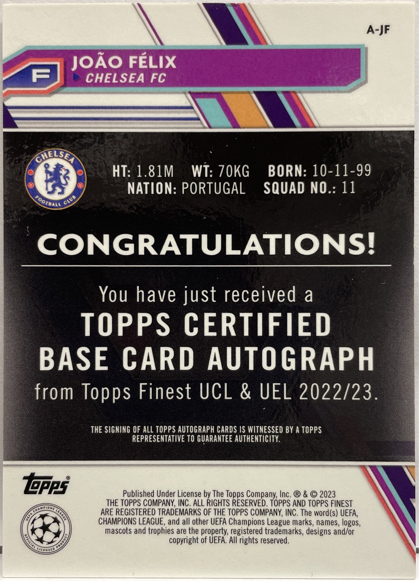 Joao Felix 45/50 Autograph Gold Topps Finest UCC 2022/23