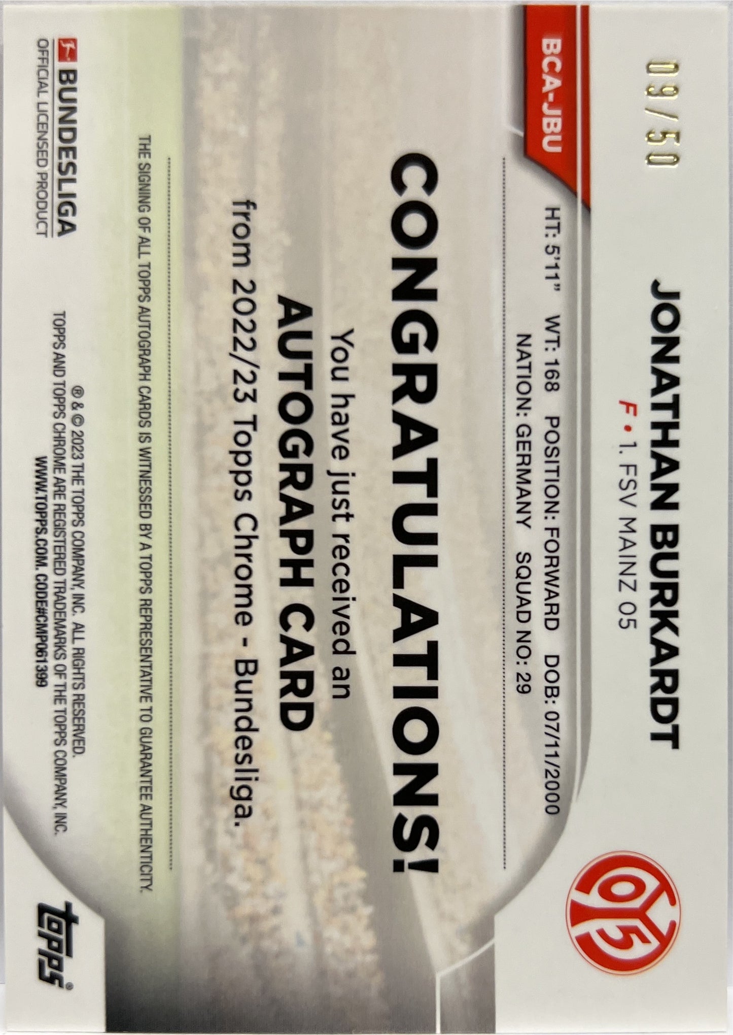 Jonathan Burkardt 9/50 Autograph Gold Topps Chrome Bundesliga 2022/23