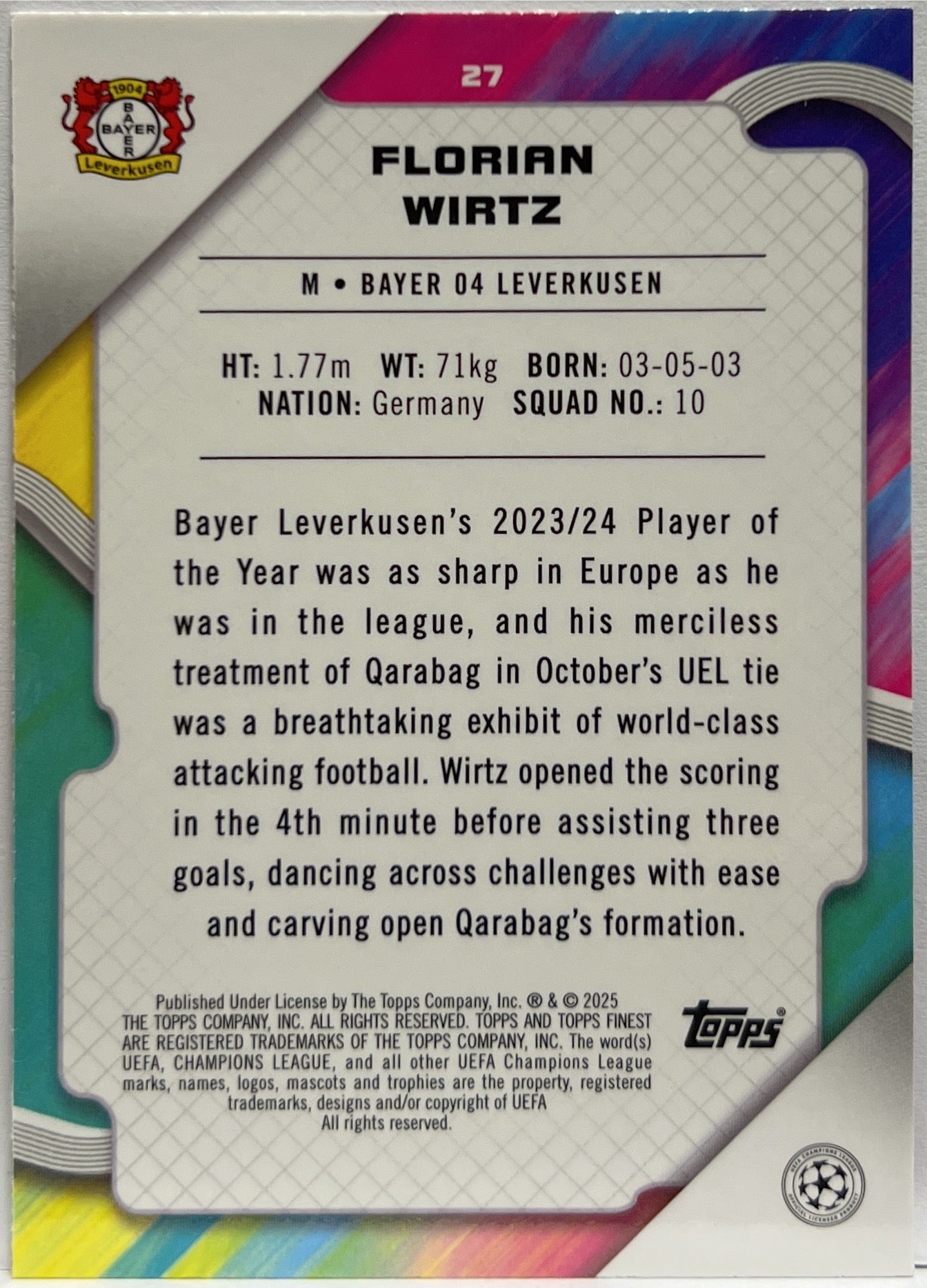 Florian Wirtz 125/250 Pink Raywave Topps Finest UCC 2024/25