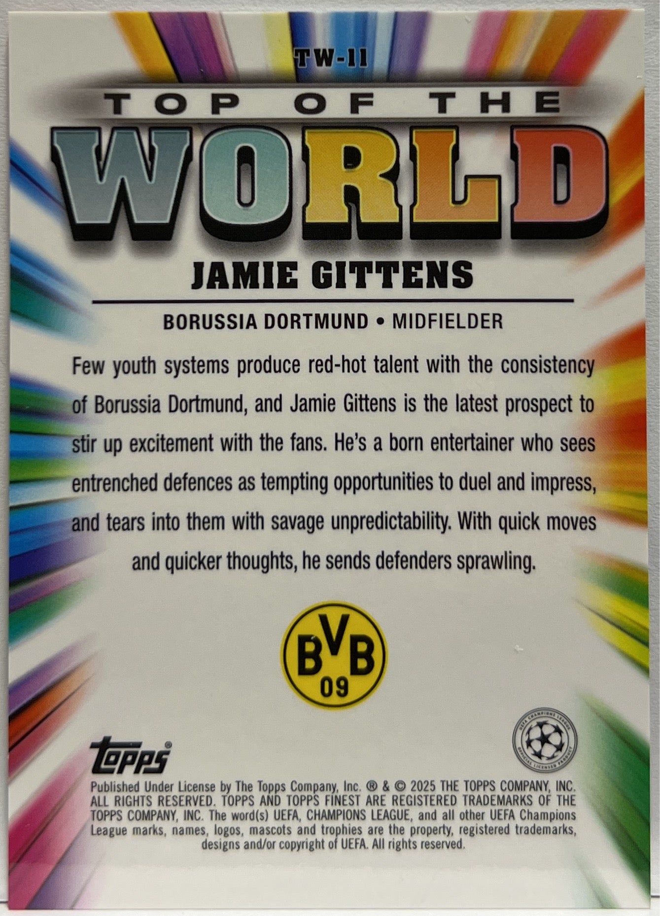 Jamie Gittens 1/25 Top of The World Orange Topps Finest UCC 2024/25
