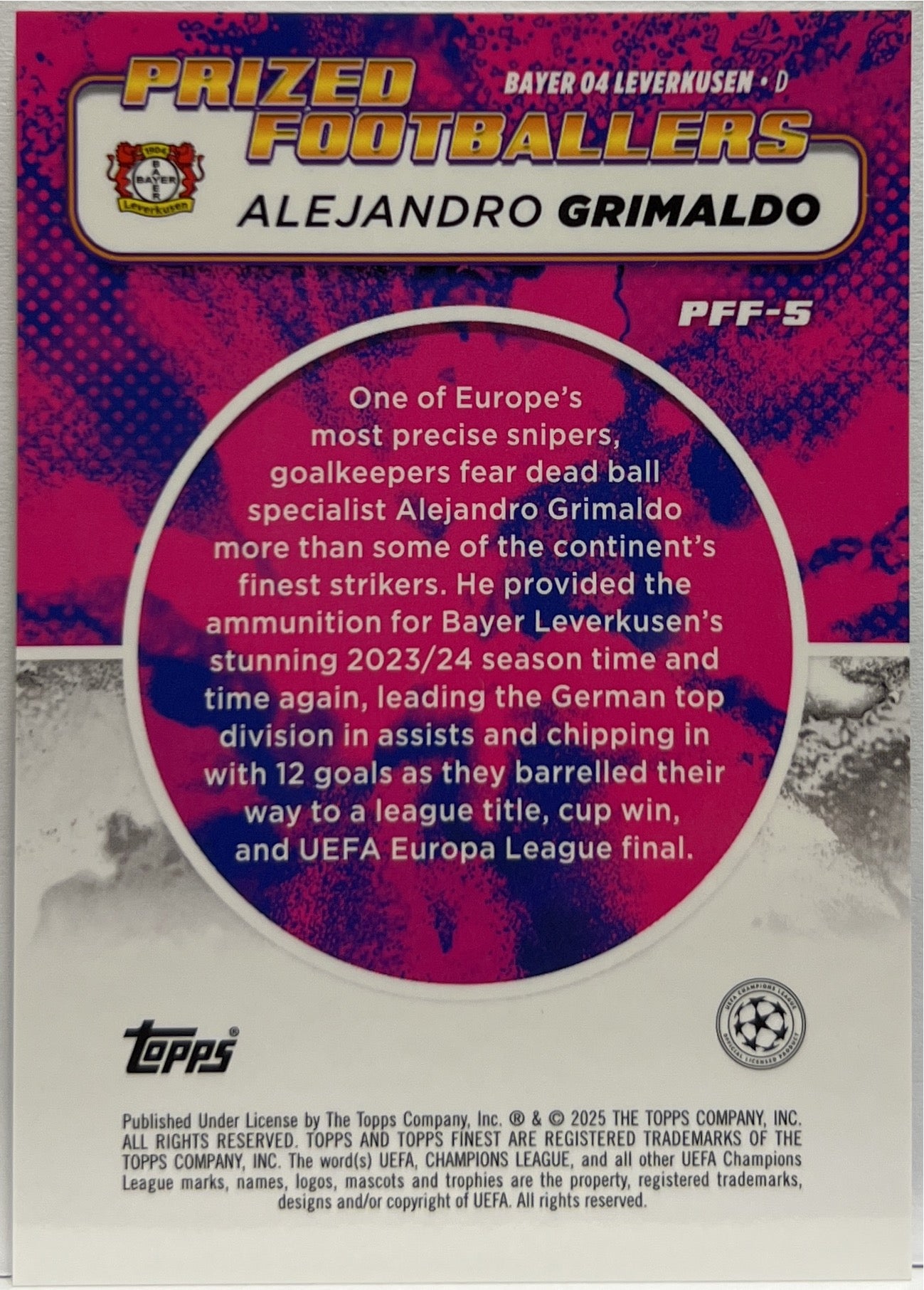 Alejandro Grimaldo Prized Footballers Fusion Variation Green Red Topps Finest UCC 2024/25