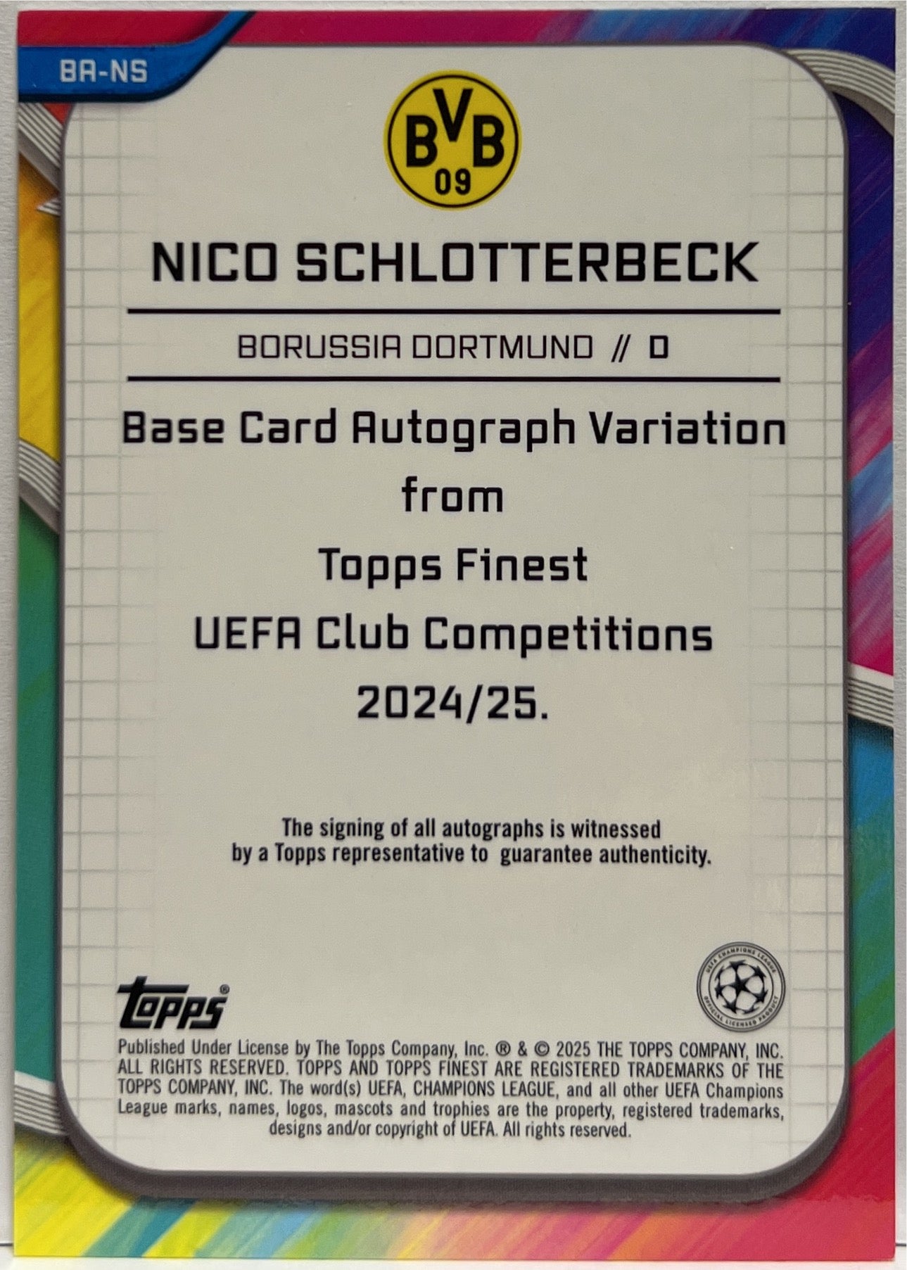 Nico Schlotterbeck 36/75 Autograph Magenta Topps Finest UCC 2024/25