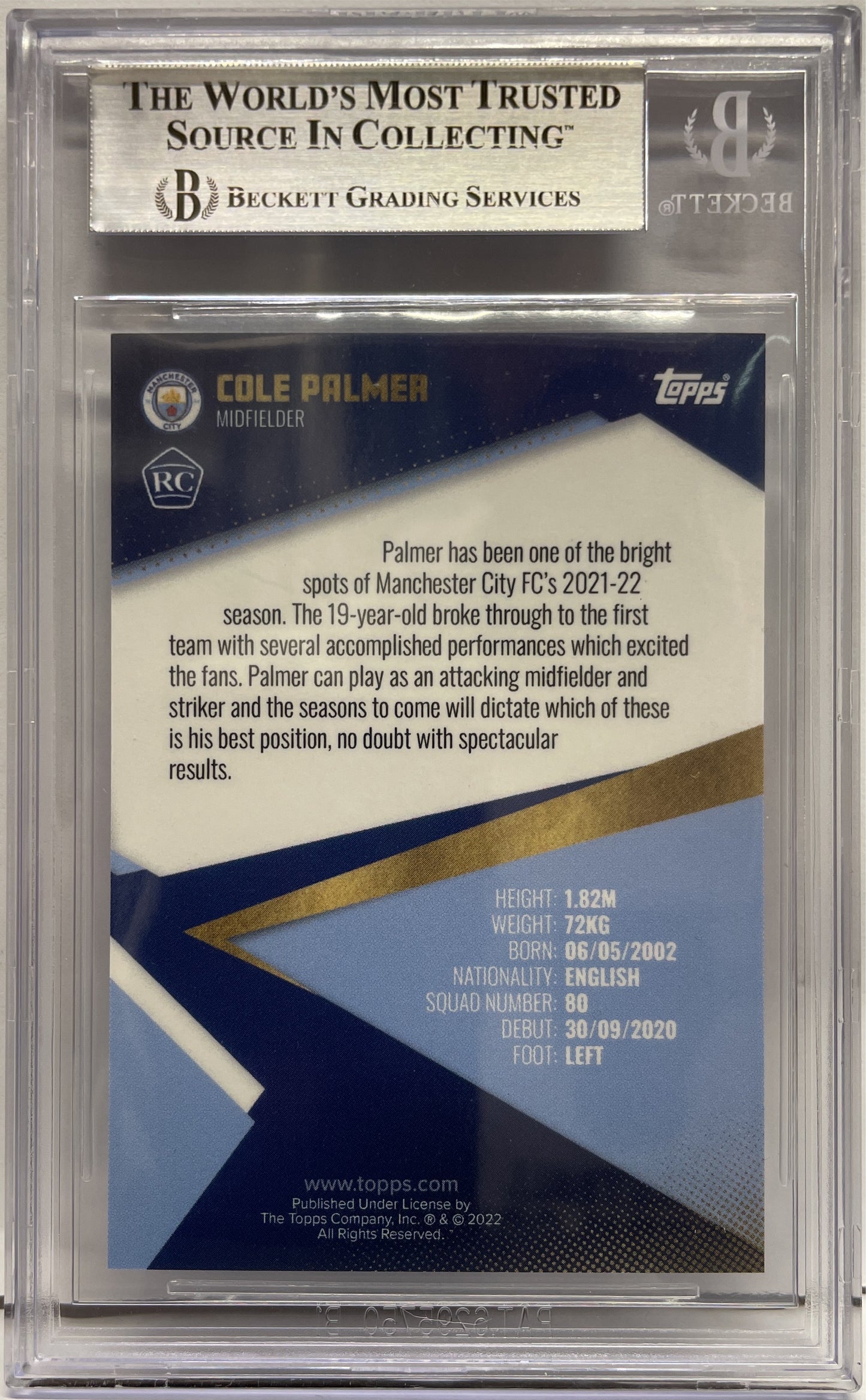 Beckett 9 - Cole Palmer 1/10 Rookie Topps Manchester City Team Set 2022/23