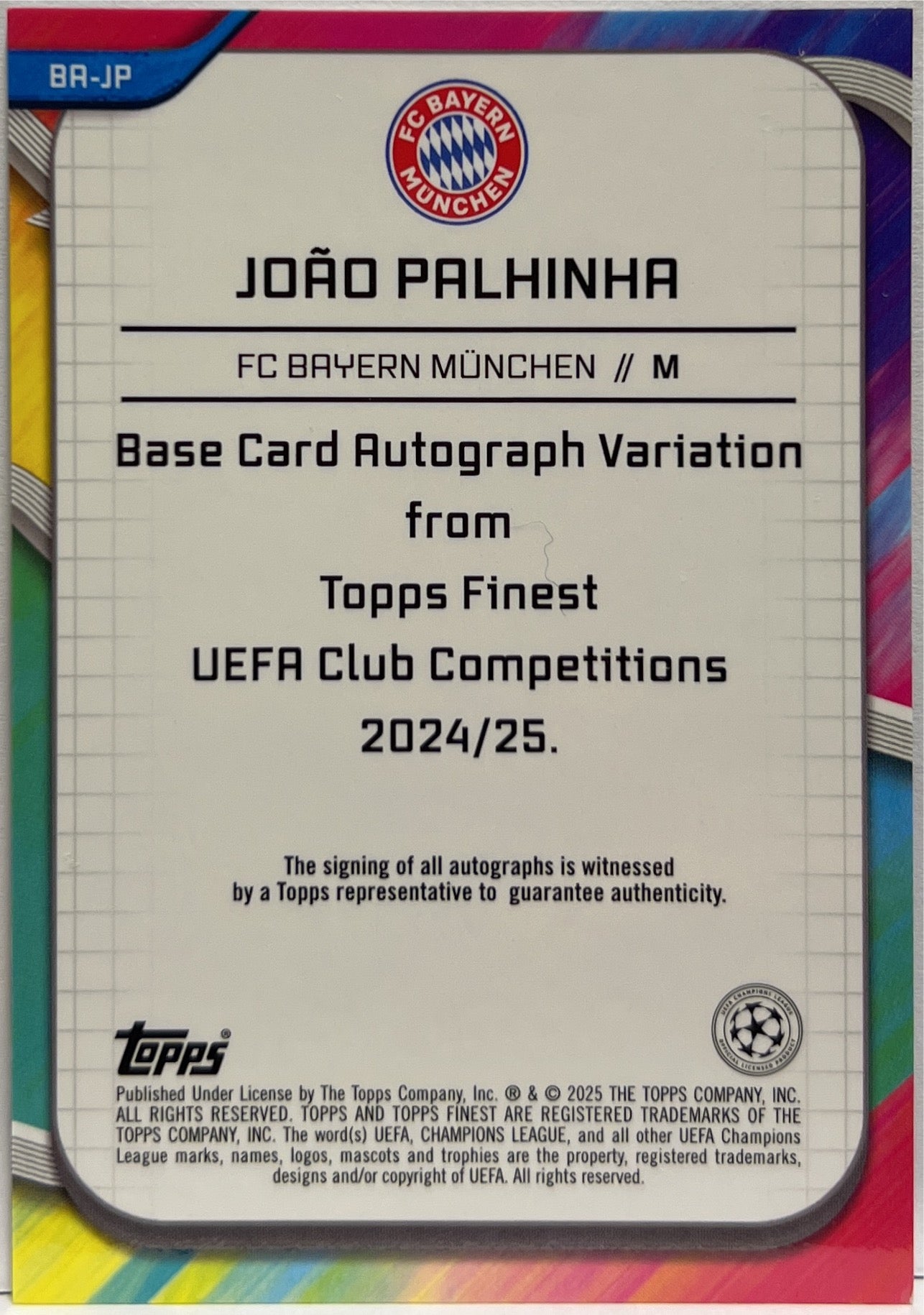 Joao Palhinha 175/299 Autograph Purple Topps Finest UCC 2024/25