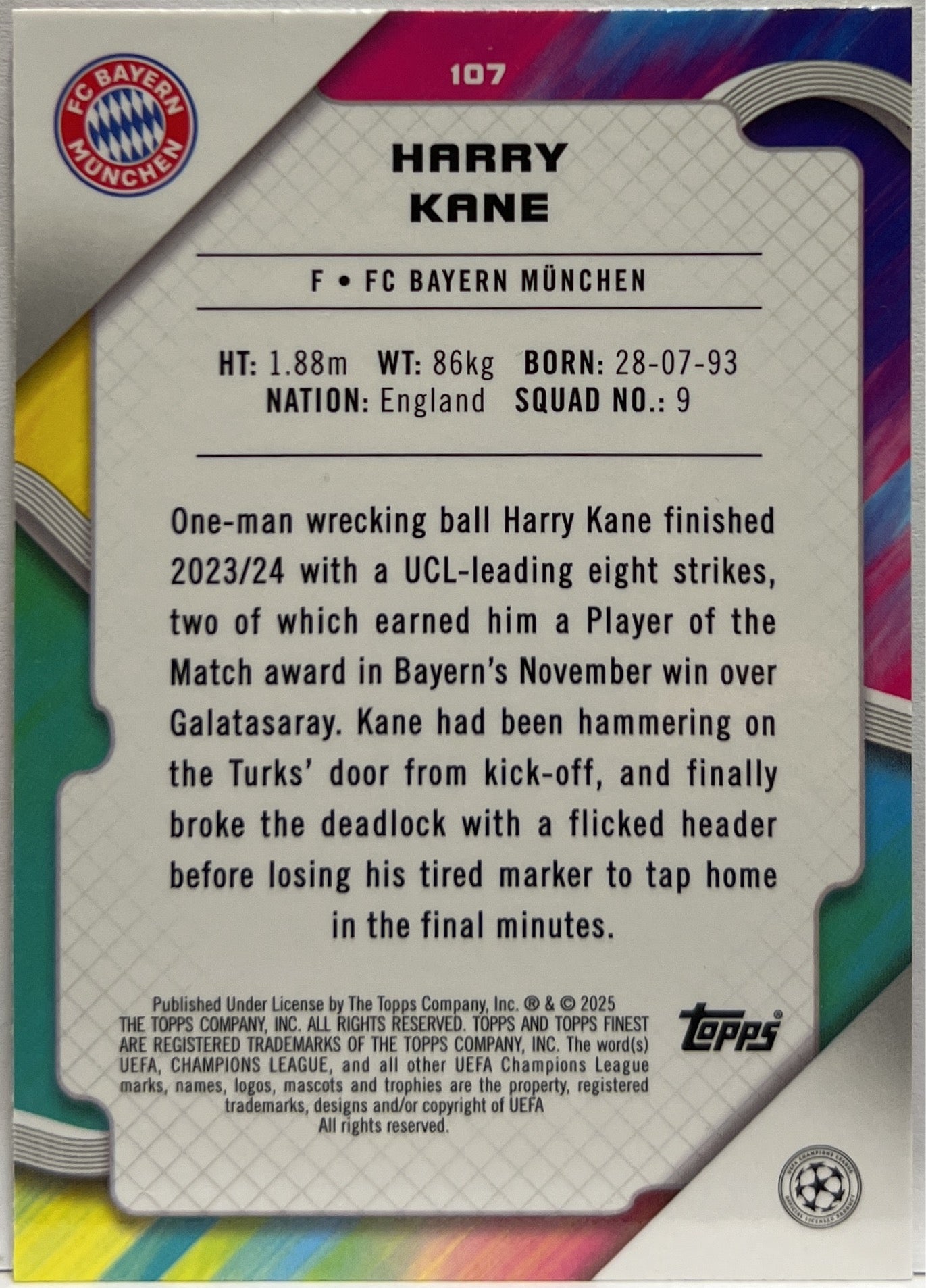 Harry Kane 126/250 Pink Raywave Topps Finest UCC 2024/25