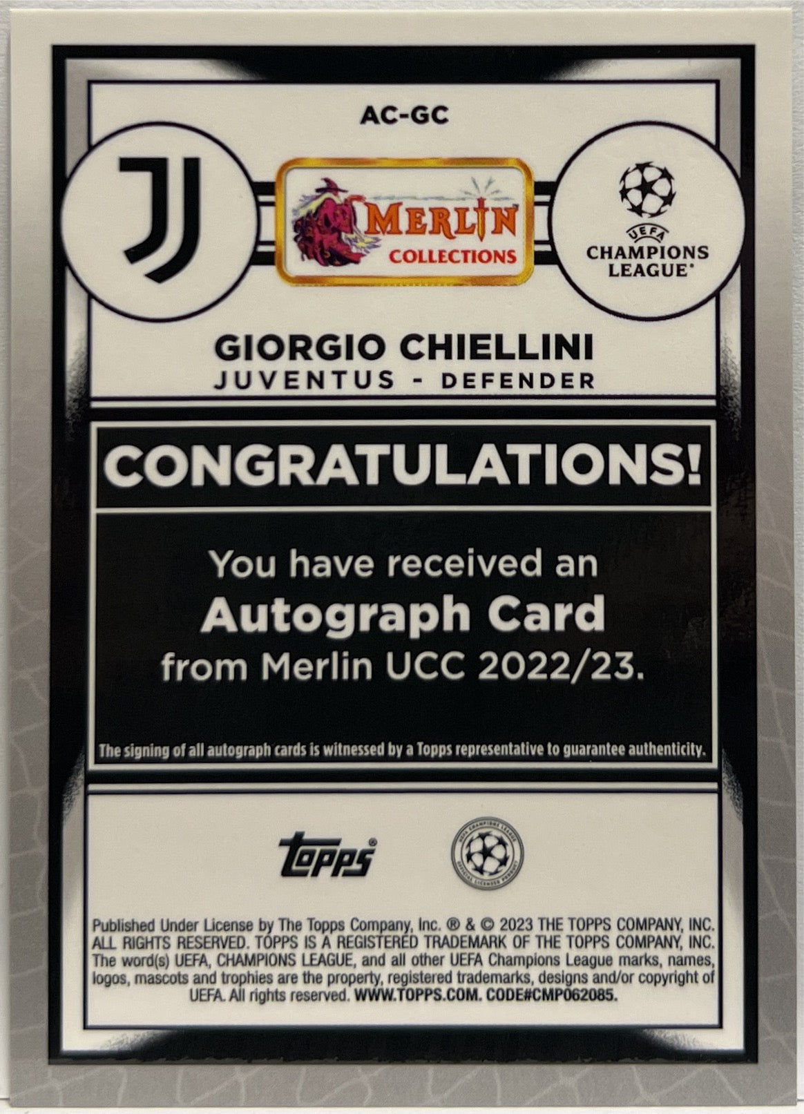 Giorgio Chiellini 38/75 Autograph Blue Topps Chrome Merlin 2022/23