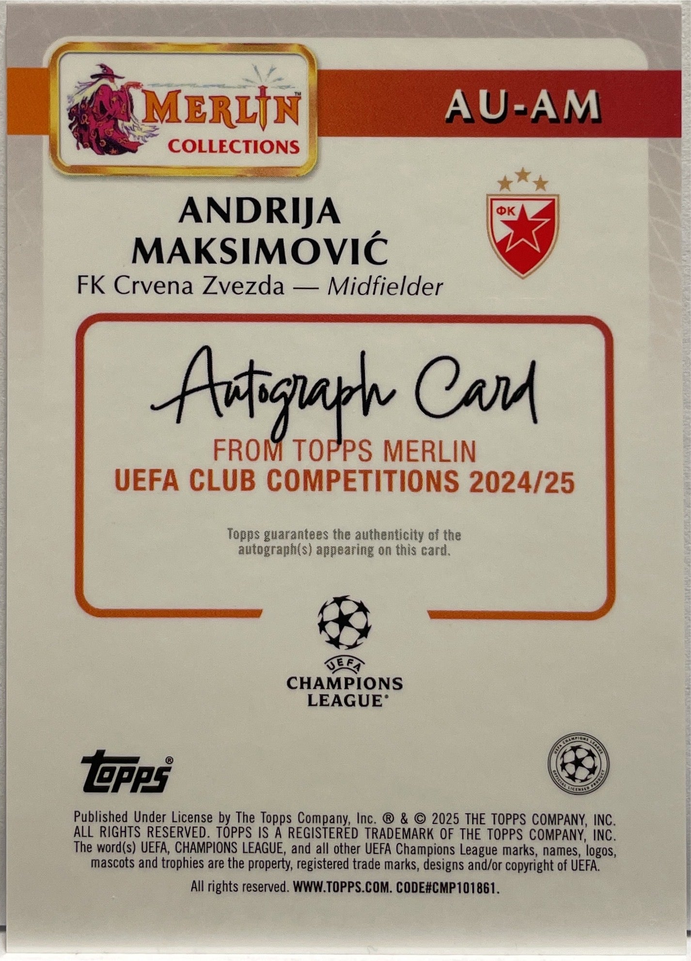 Andrija Maksimovic Rookie Autograph Topps Merlin UCC 2024/25