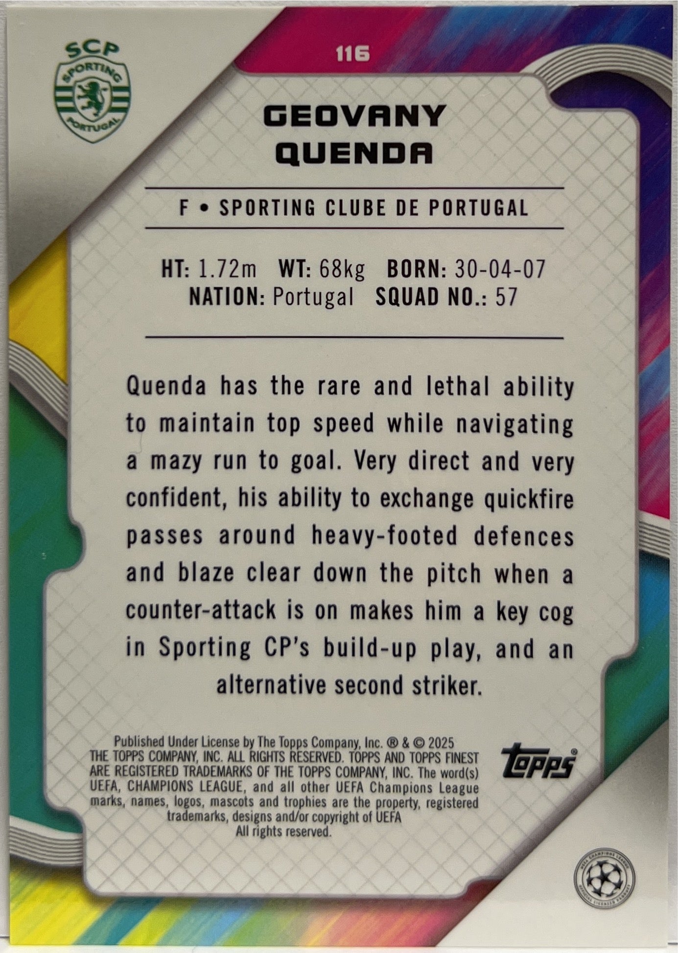 Geovany Quenda 5/10 Rookie Black Topps Finest UCC 2024/25