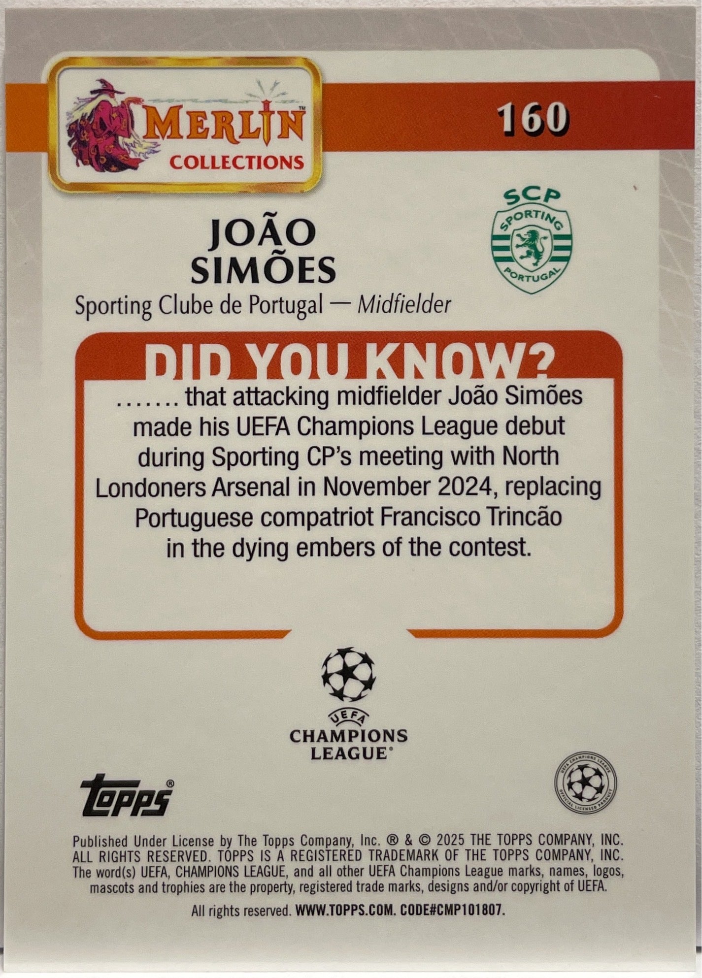 Joao Simoes 5/5 Rookie Red Topps Merlin UCC 2024/25