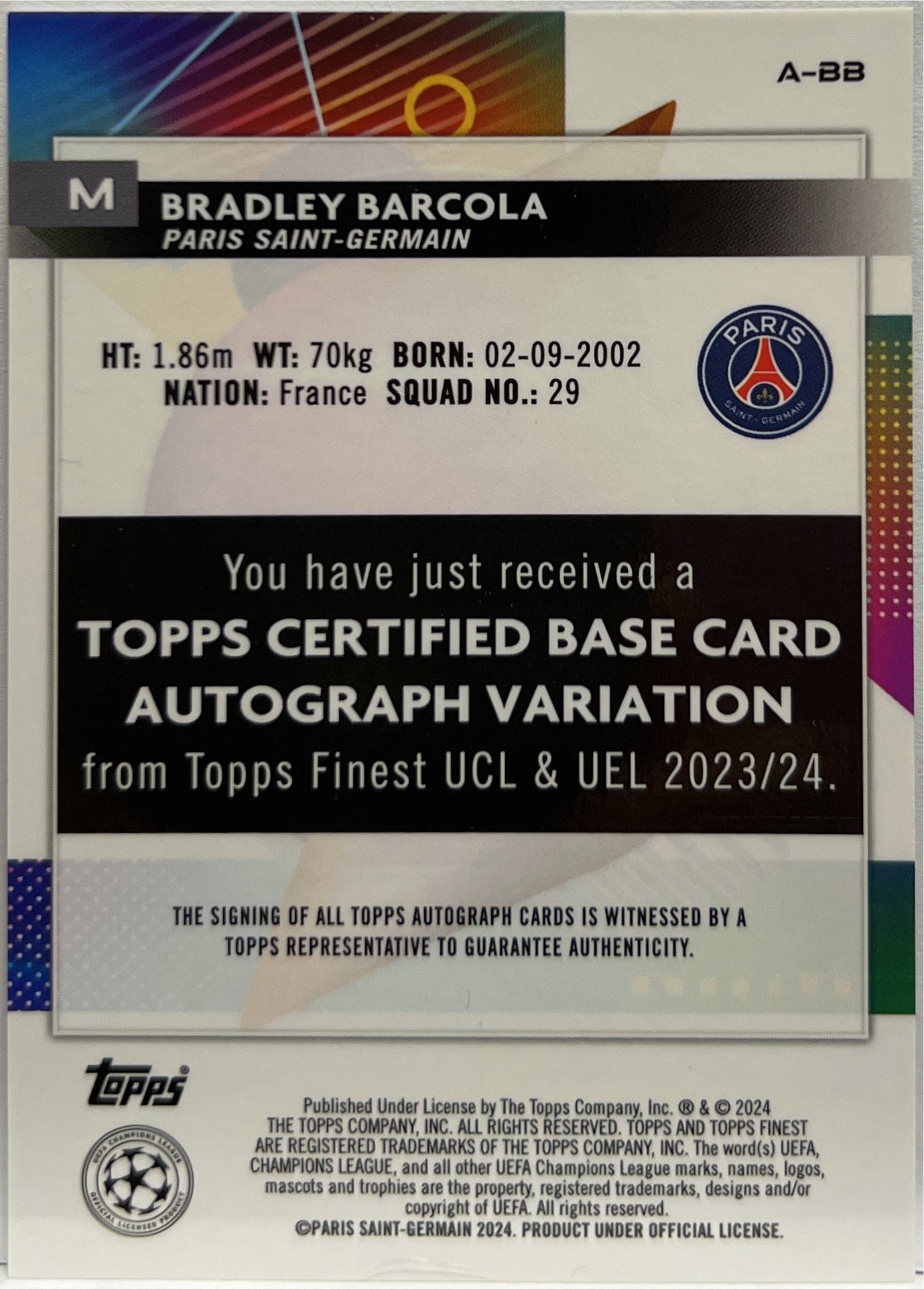 Bradley Barcola Rookie Autograph Topps Finest UCC 2023/24