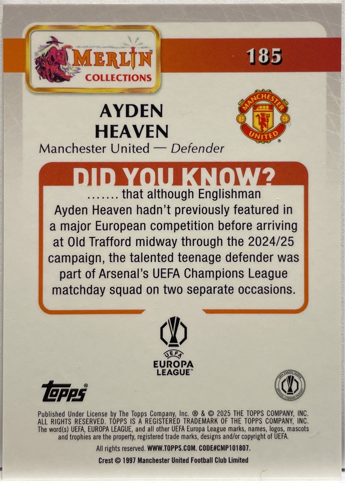 Ayden Heaven 21/35 Rookie Black and White Vintage Topps Merlin UCC 2024/25