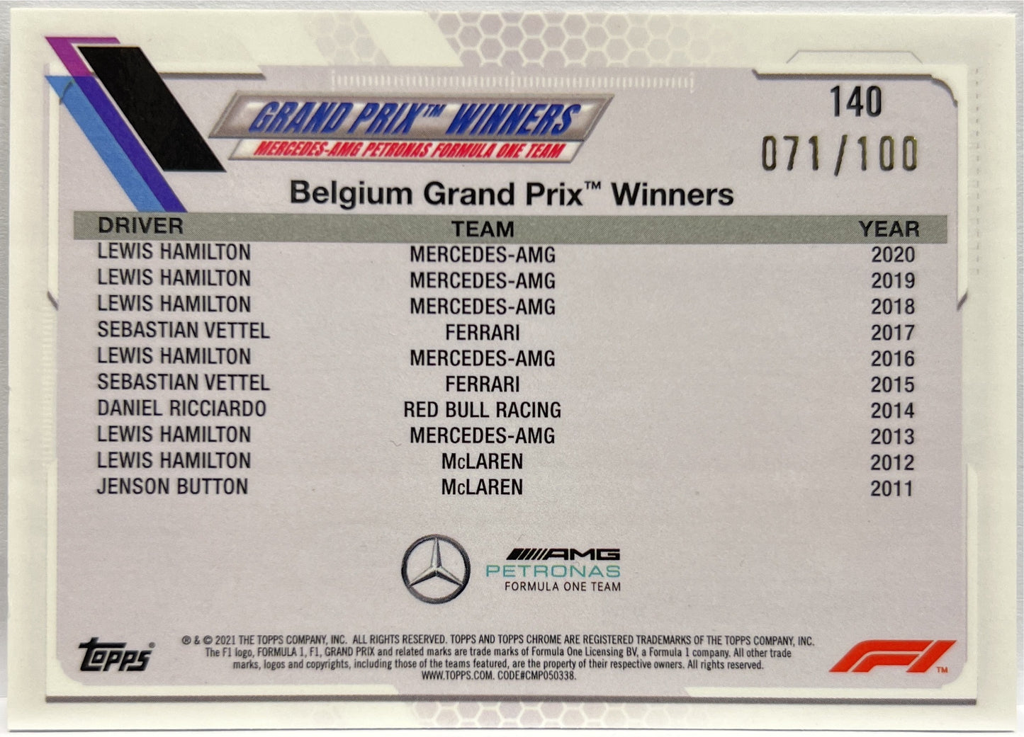 Lewis Hamilton 71/100 Cracked Ice Topps Chrome F1 2021