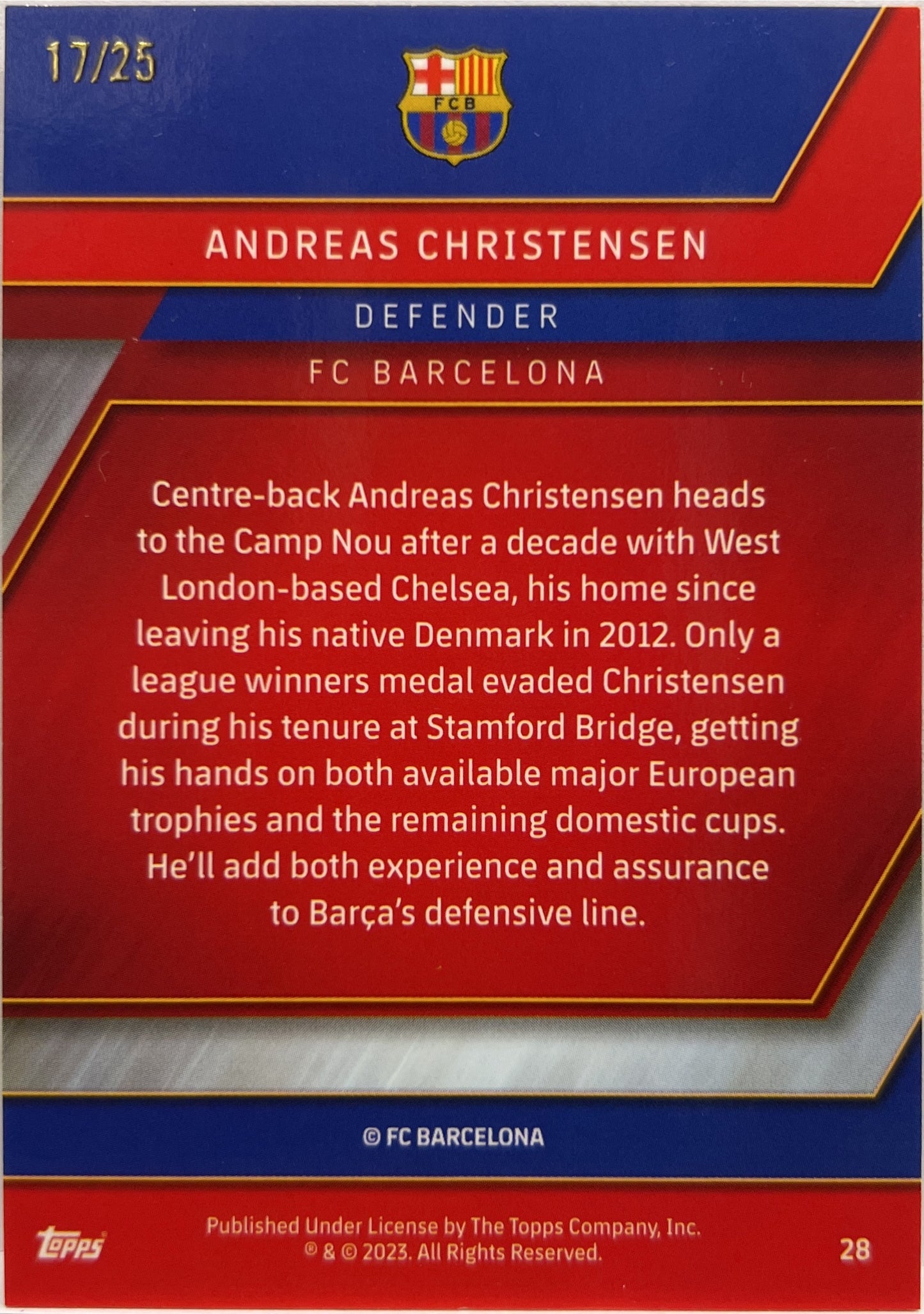 Andreas Christensen 17/25 Orange Topps Chrome Barcelona 2022/23