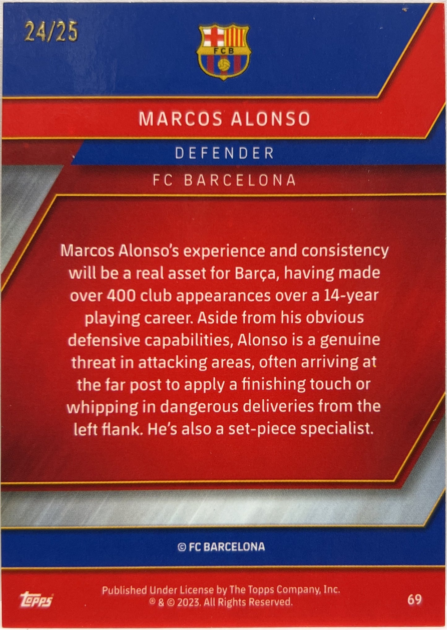 Marcos Alonso 24/25 Orange Topps Chrome Barcelona 2022/23