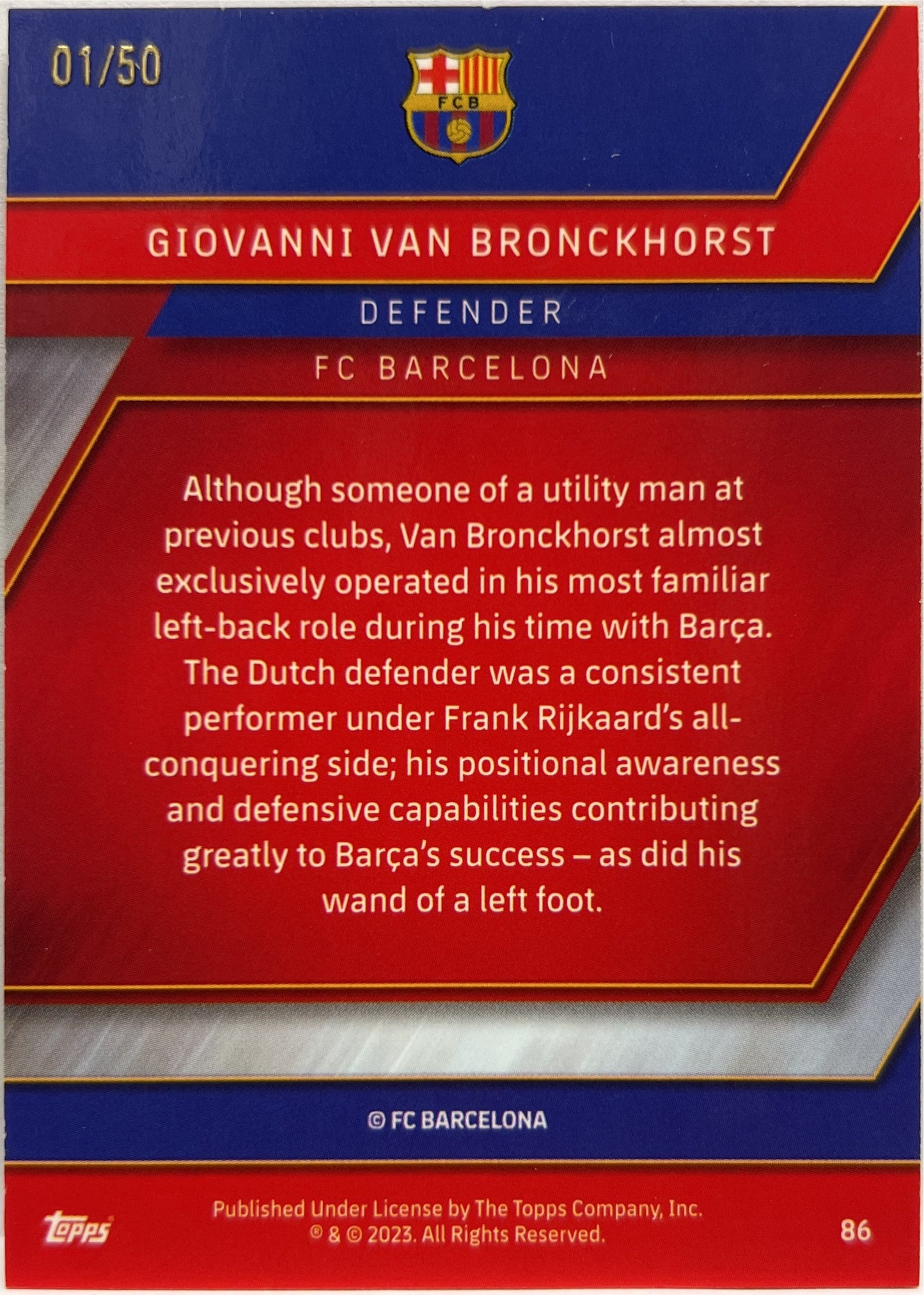 Giovanni Van Bronckhorst 1/50 Gold Topps Chrome Barcelona 2022/23