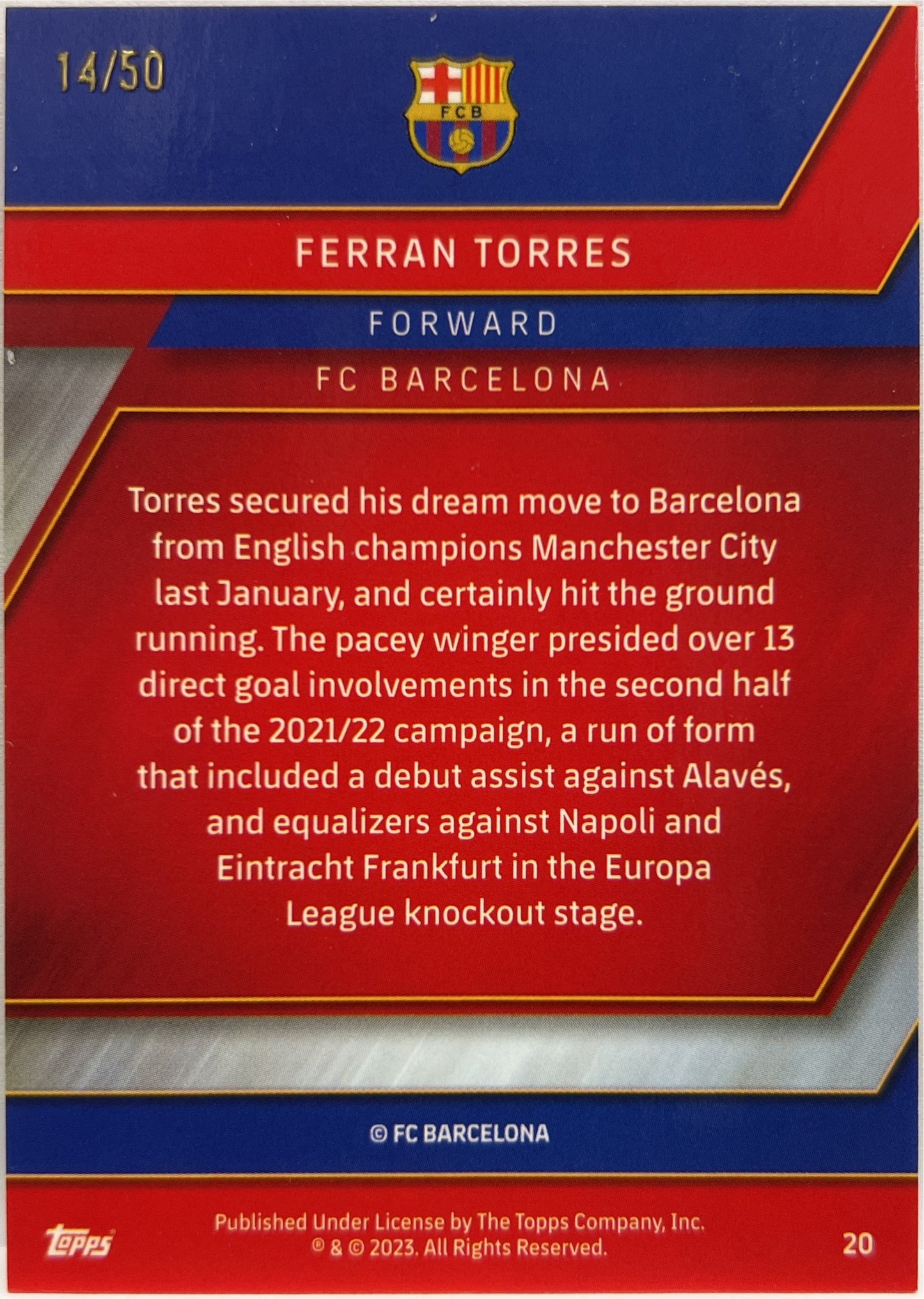 Ferran Torres 14/50 Gold Topps Chrome Barcelona 2022/23