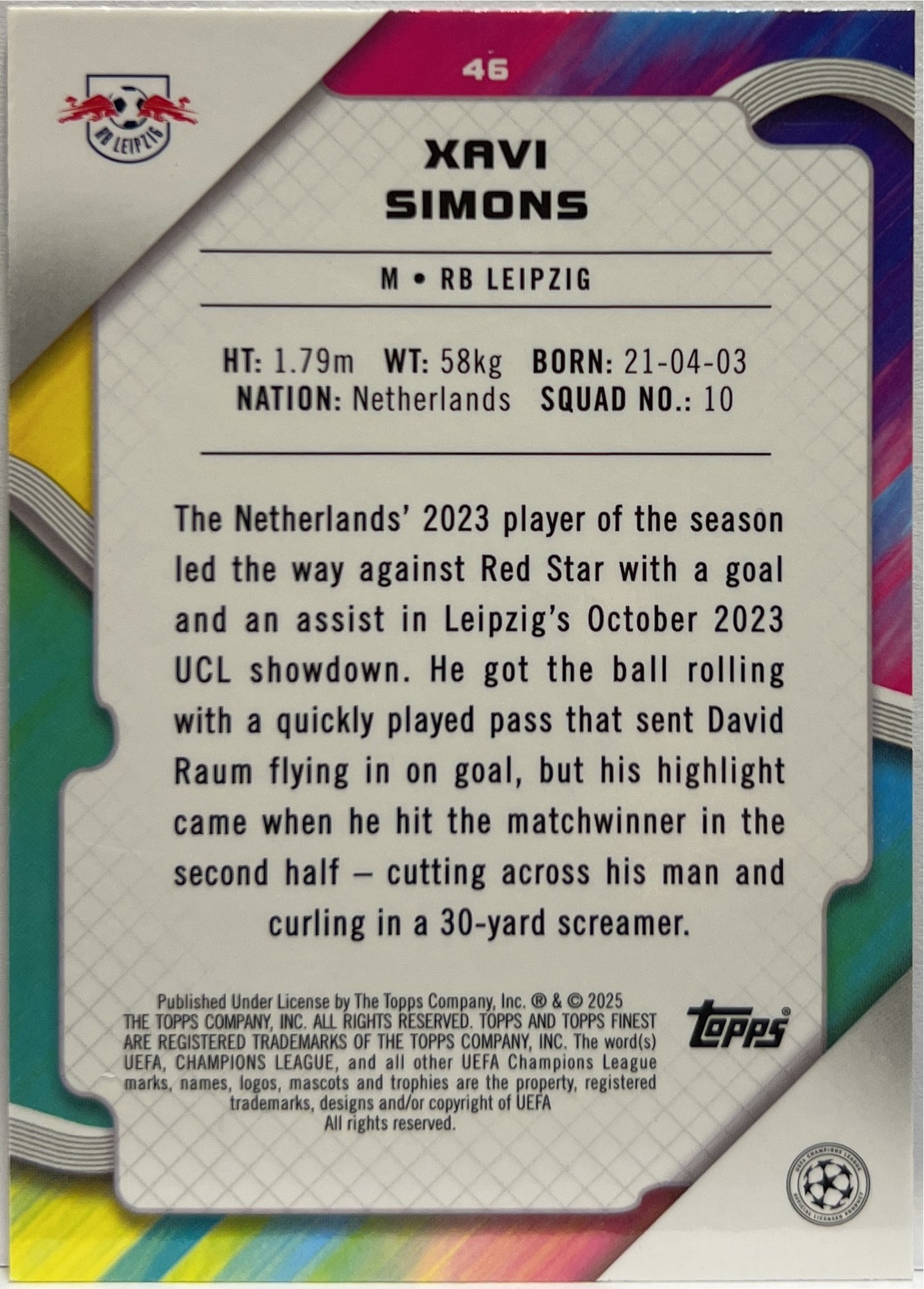 Xavi Simons 89/299 Purple Topps Finest UCC 2024/25