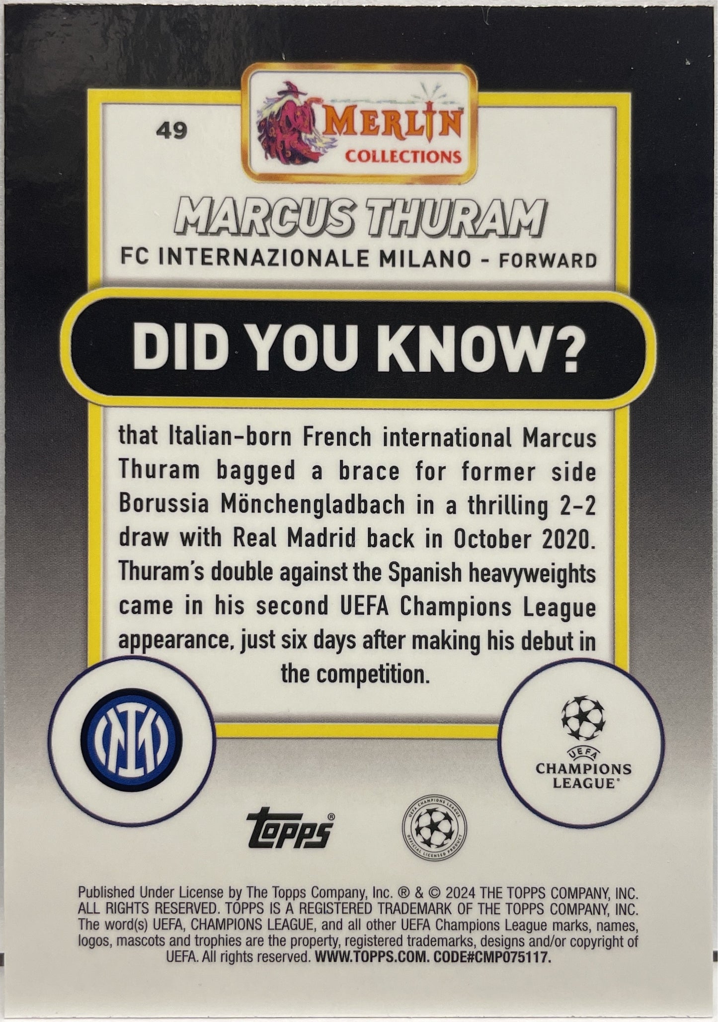 Marcus Thuram 179/399 Green Shimmer Topps Chrome Merlin 2023/24