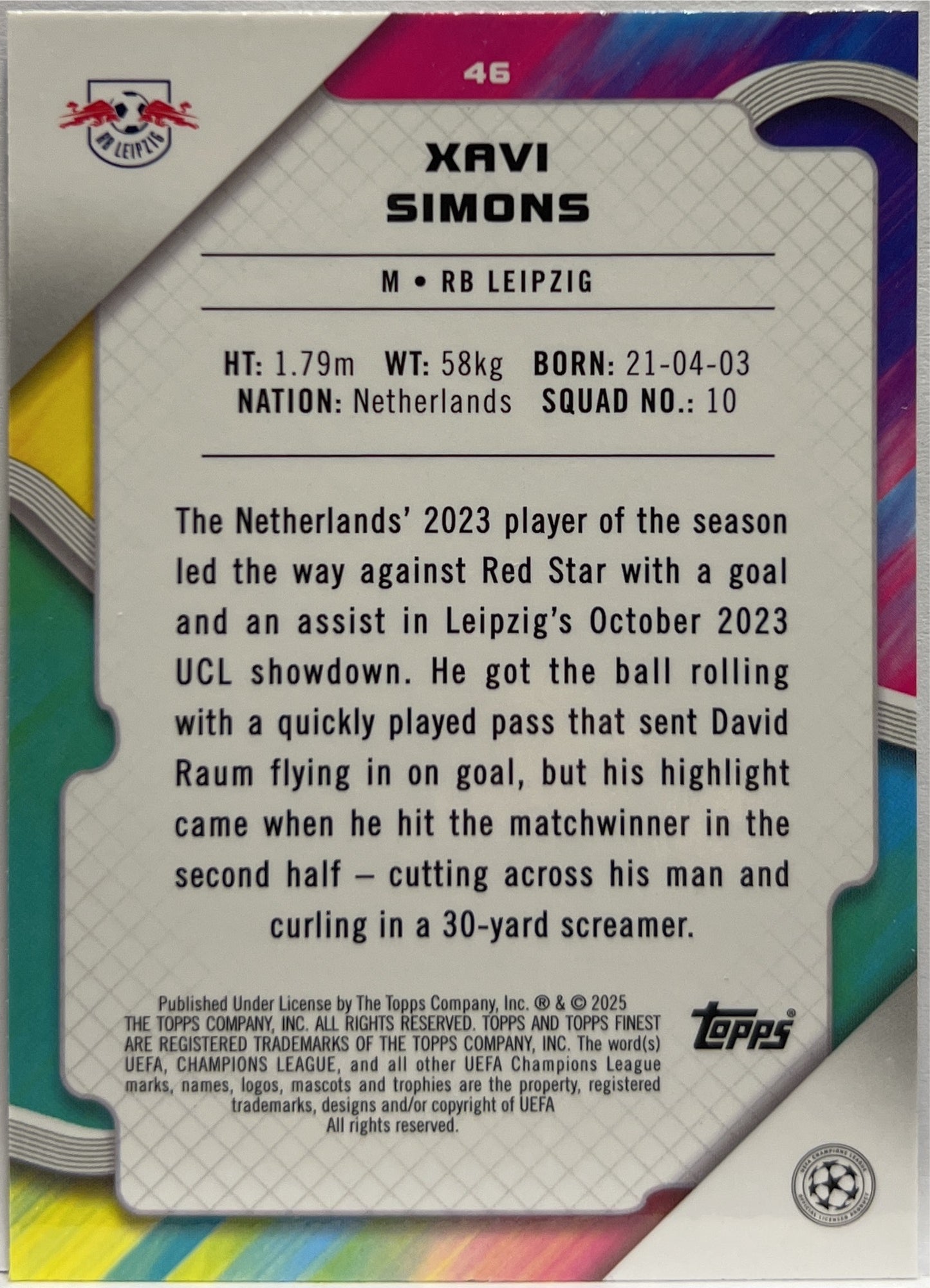 Xavi Simons 104/150 Blue Lava Topps Finest UCC 2024/25