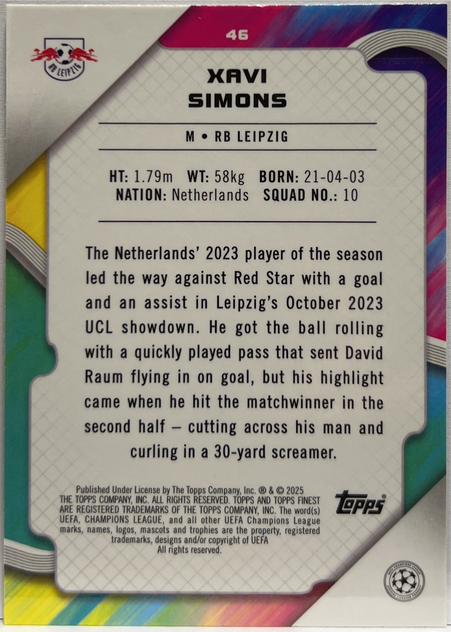 Xavi Simons 25/99 Green Lava Topps Finest UCC 2024/25