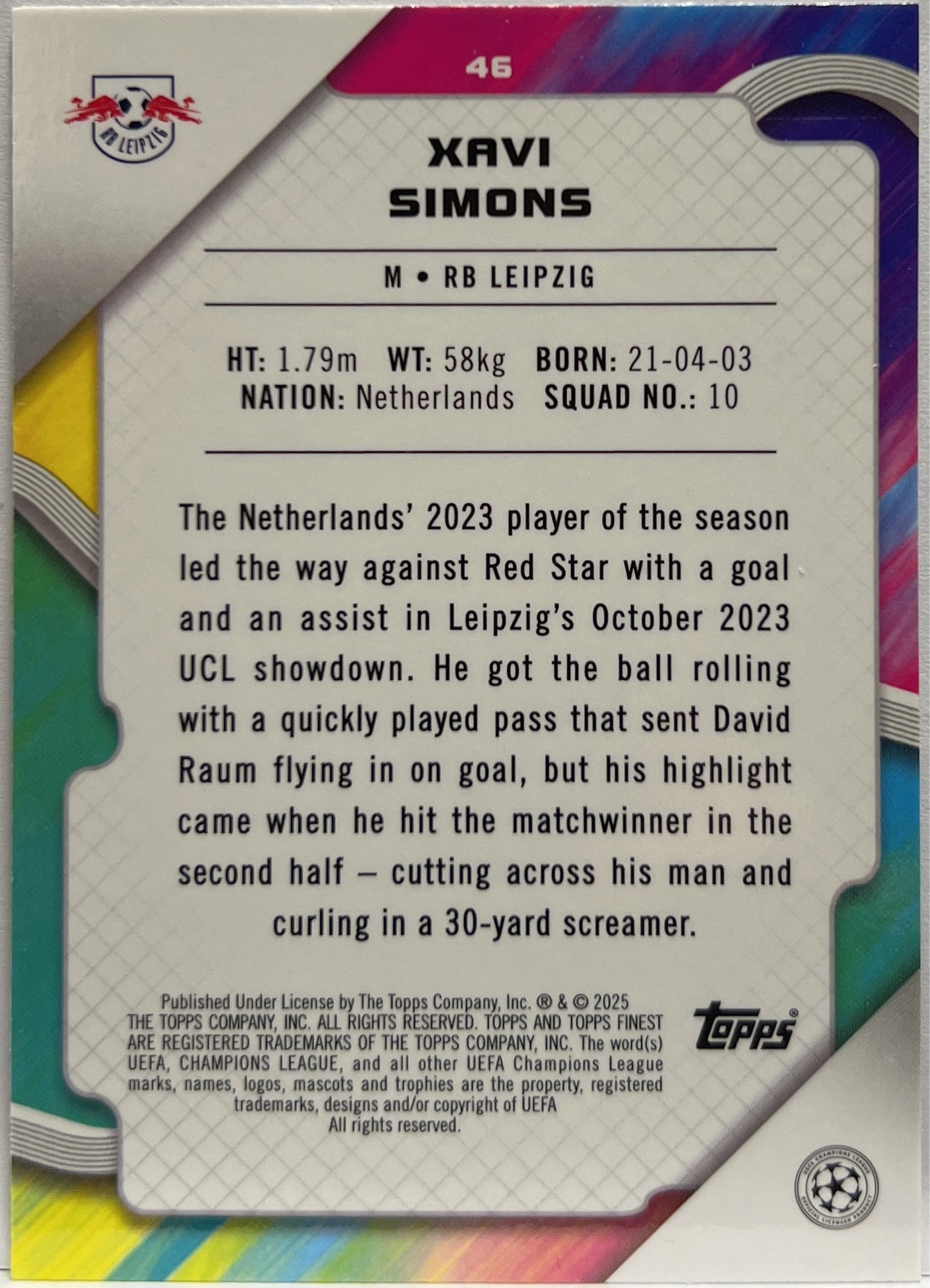 Xavi Simons 117/299 Purple Topps Finest UCC 2024/25
