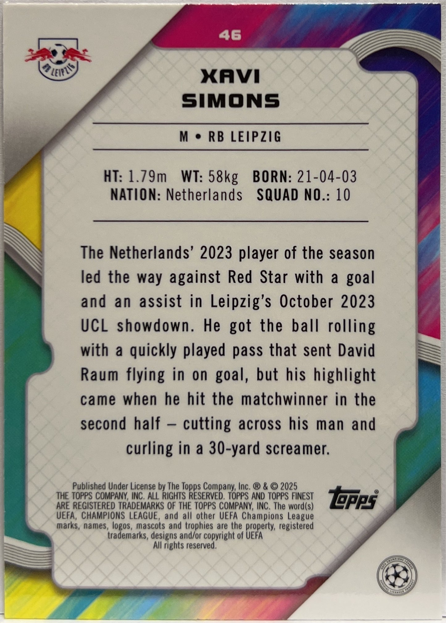 Xavi Simons 165/250 Pink RayWave Topps Finest UCC 2024/25