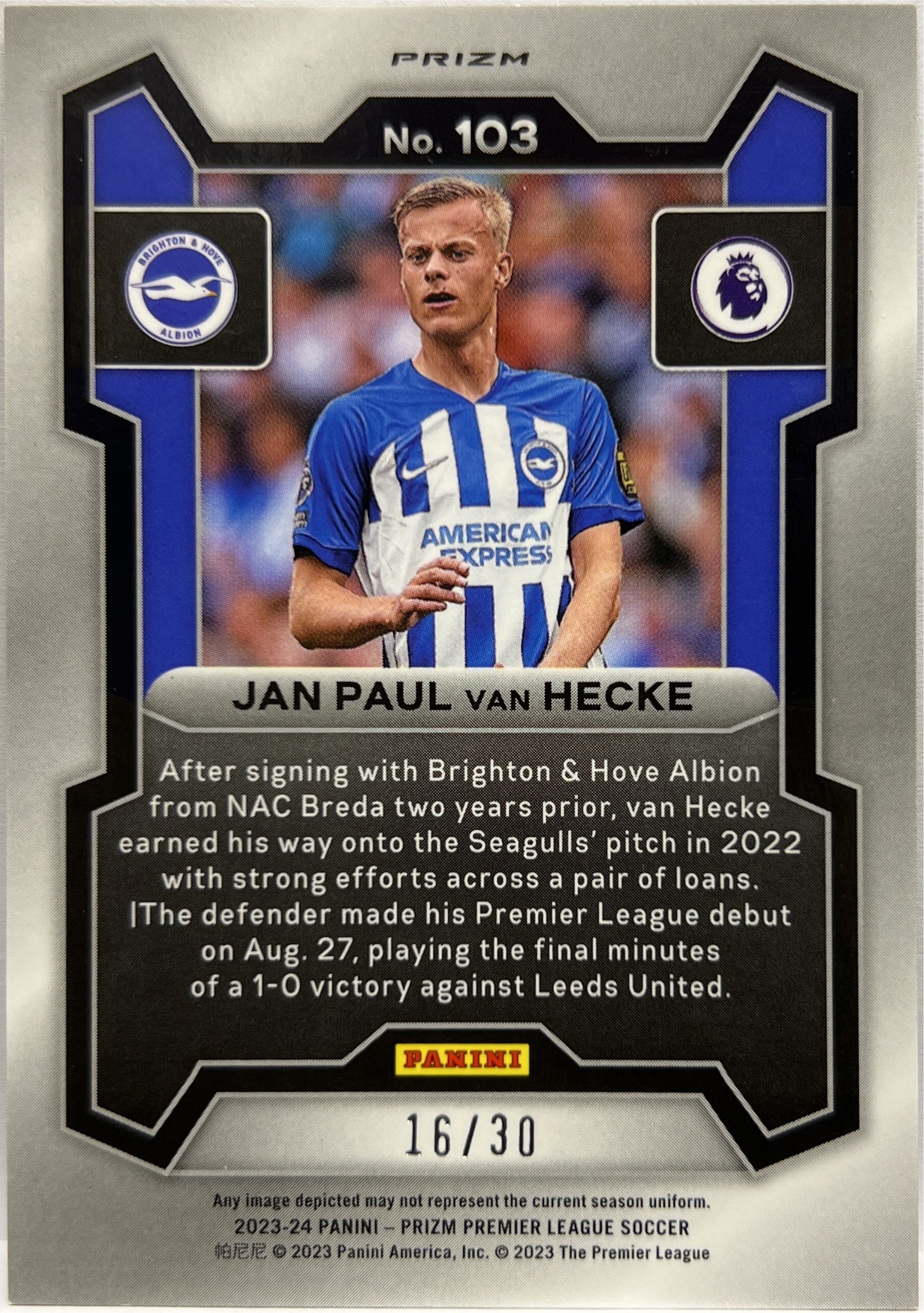 Jan Paul Van Hecke 16/30 Choice Red Prizm Premier League 2023/24
