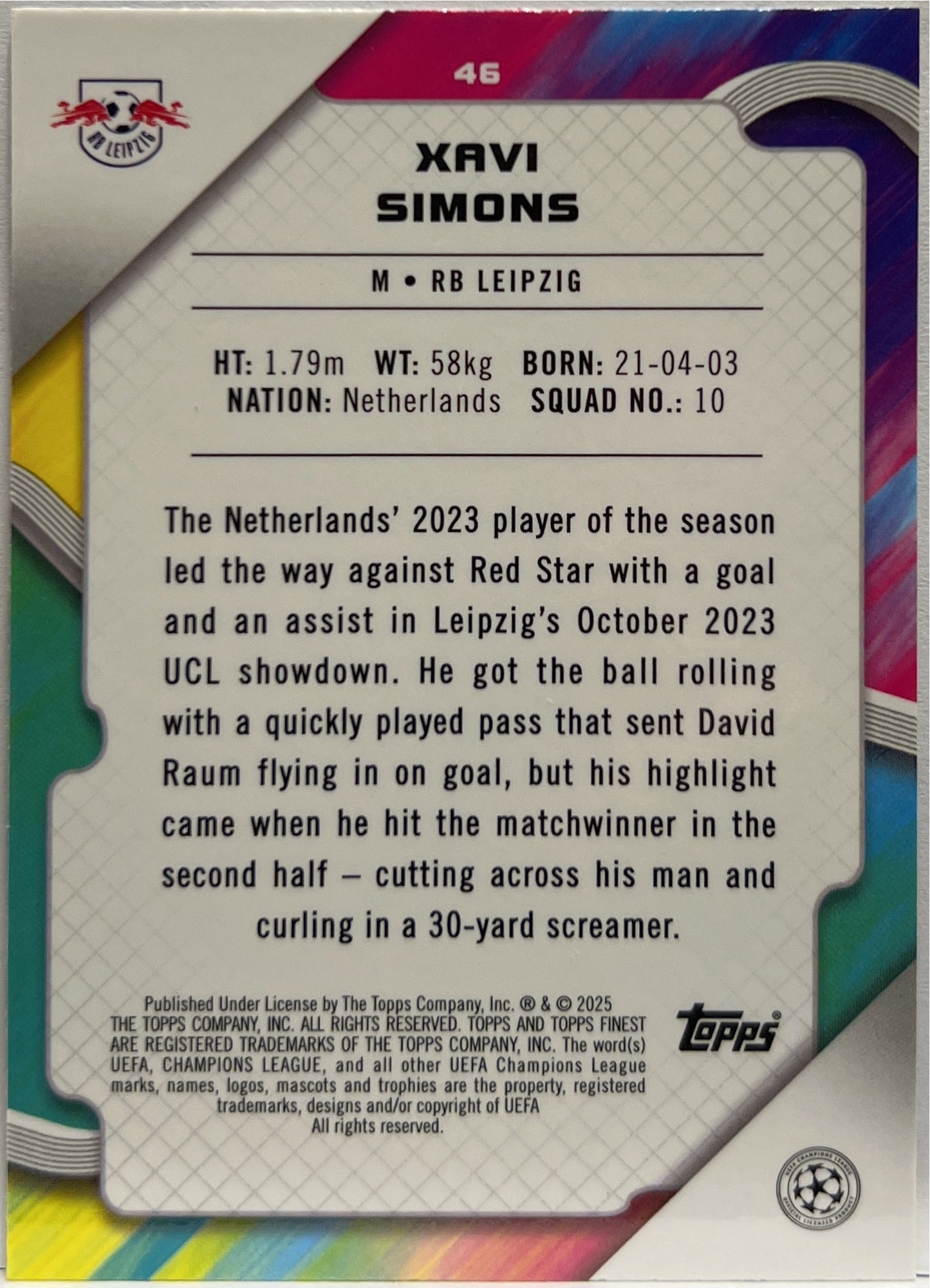 Xavi Simons 192/275 Sky Blue Topps Finest UCC 2024/25