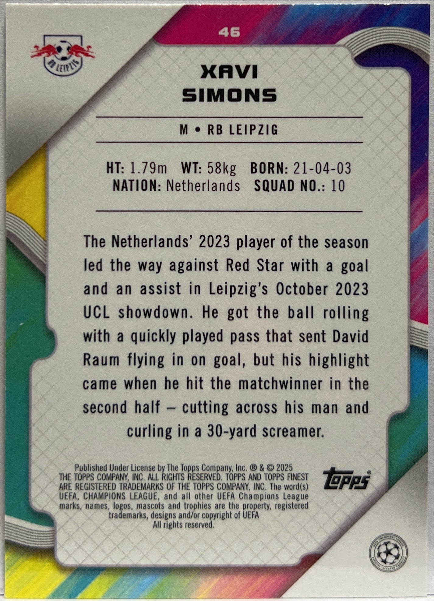 Xavi Simons 299/299 Purple Topps Finest UCC 2024/25