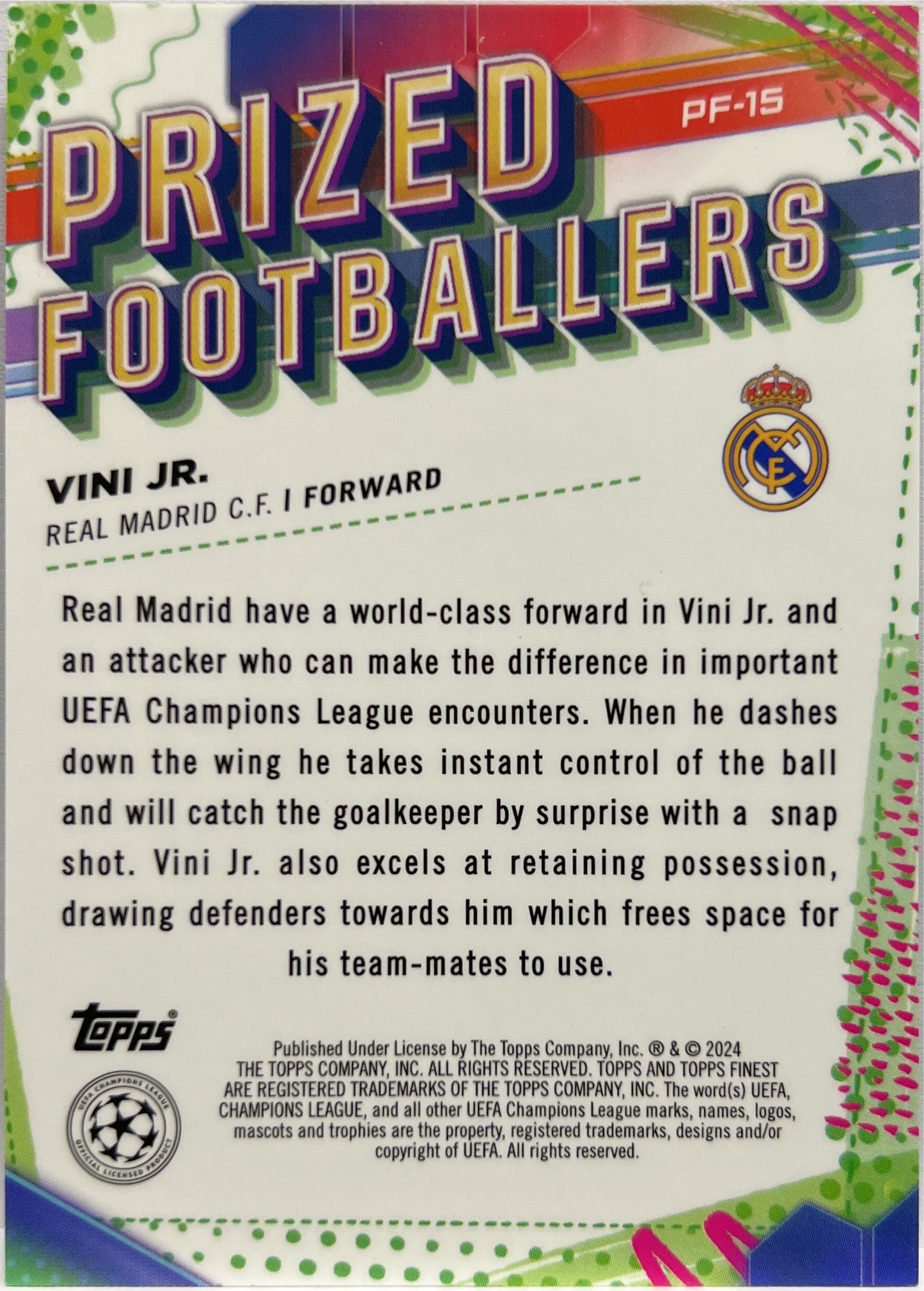 Vini Jr 216/299 Prized Footballers Purple Topps Finest UCC 2023/24