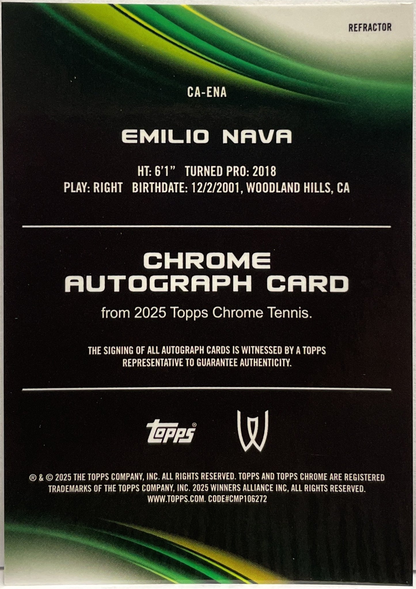 Emilio Nava Autograph Refractor Topps Chrome Tennis 2025