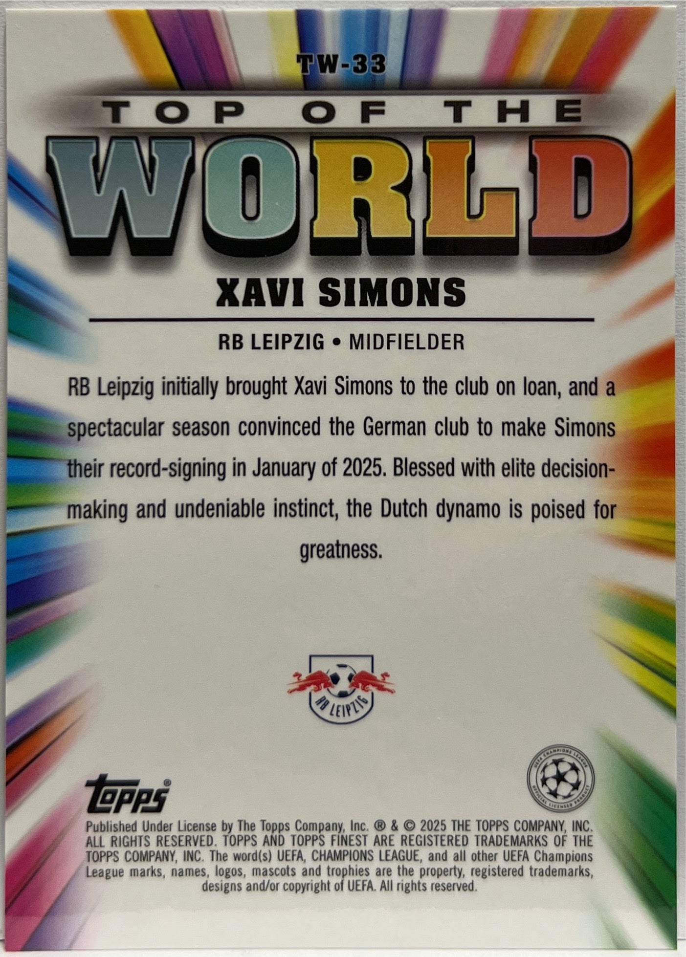 Xavi Simons 223/299 Top of The World Purple Topps Finest UCC 2024/25