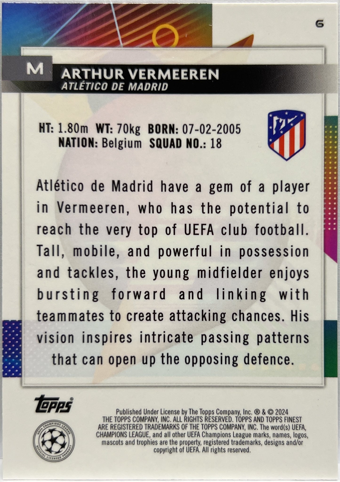 Arthur Vermeeren 42/99 Rookie Green Topps Finest UCC 2023/24