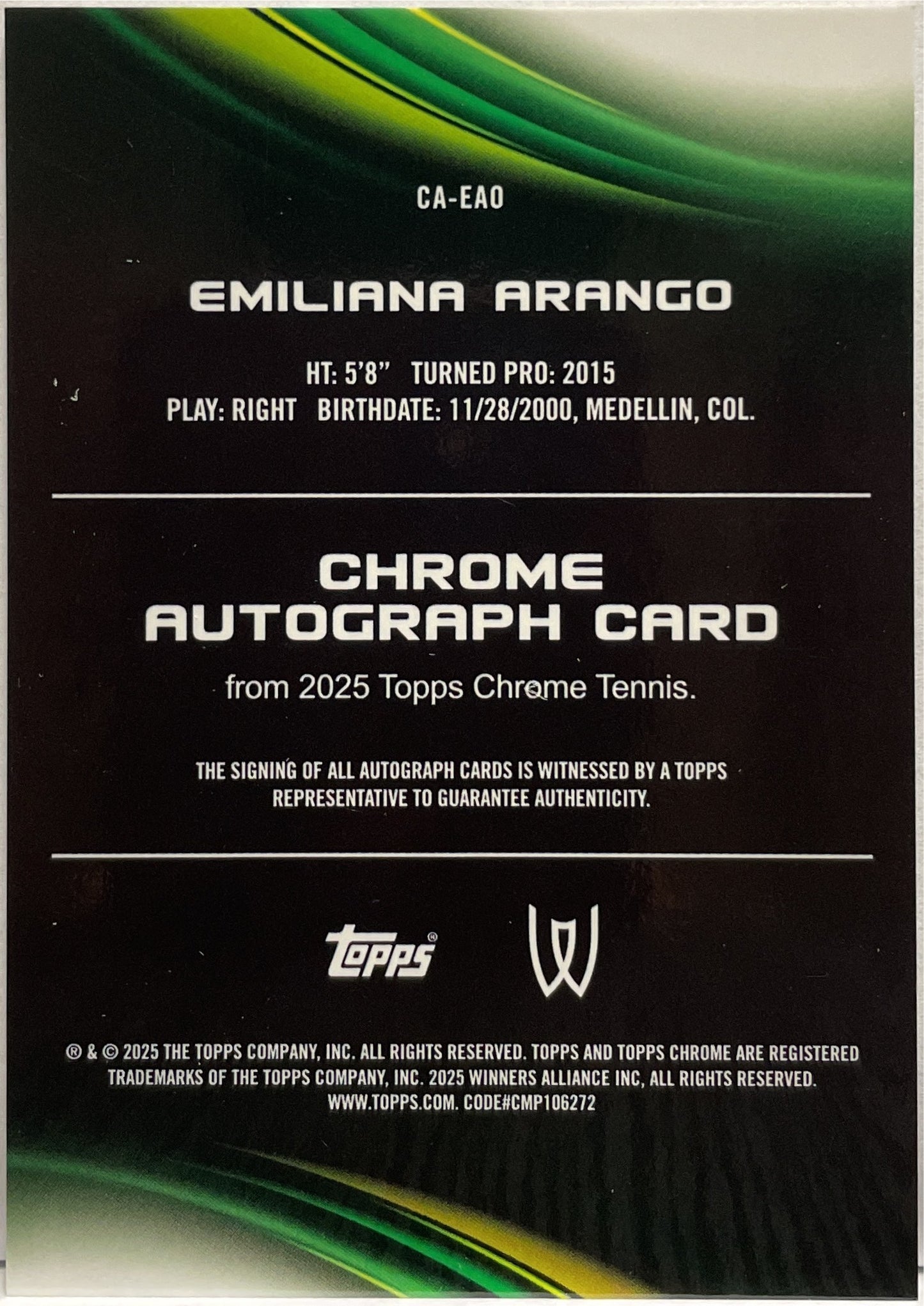 Emiliana Arango Autograph Topps Chrome Tennis 2025
