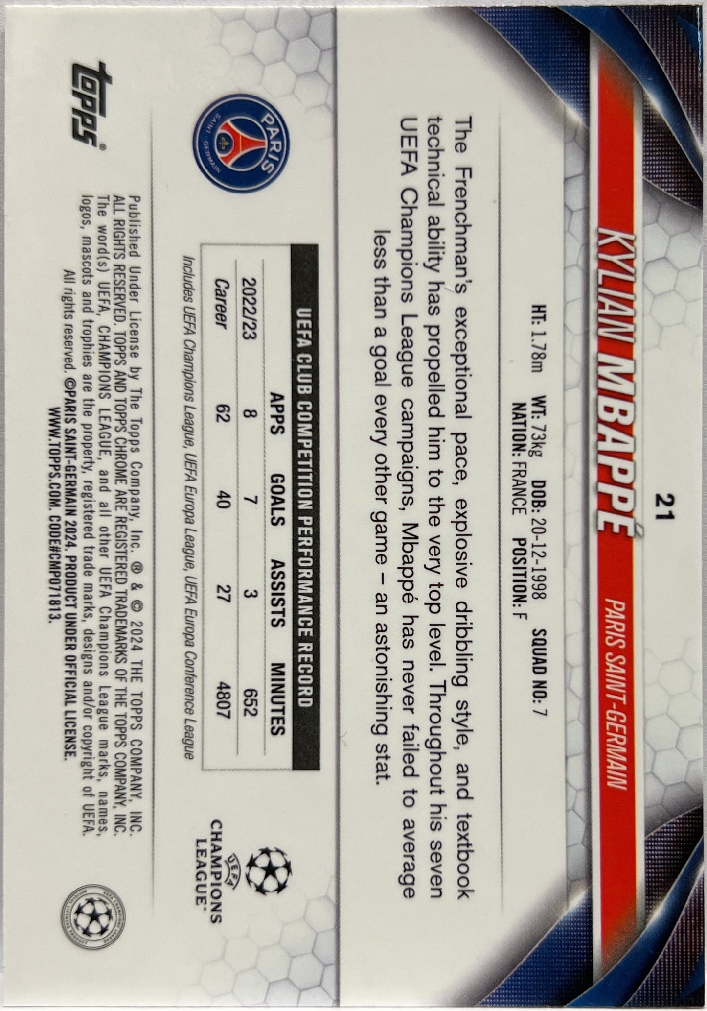 Kylian Mbappe 8/99 Pink Topps Chrome UCC 2023/24