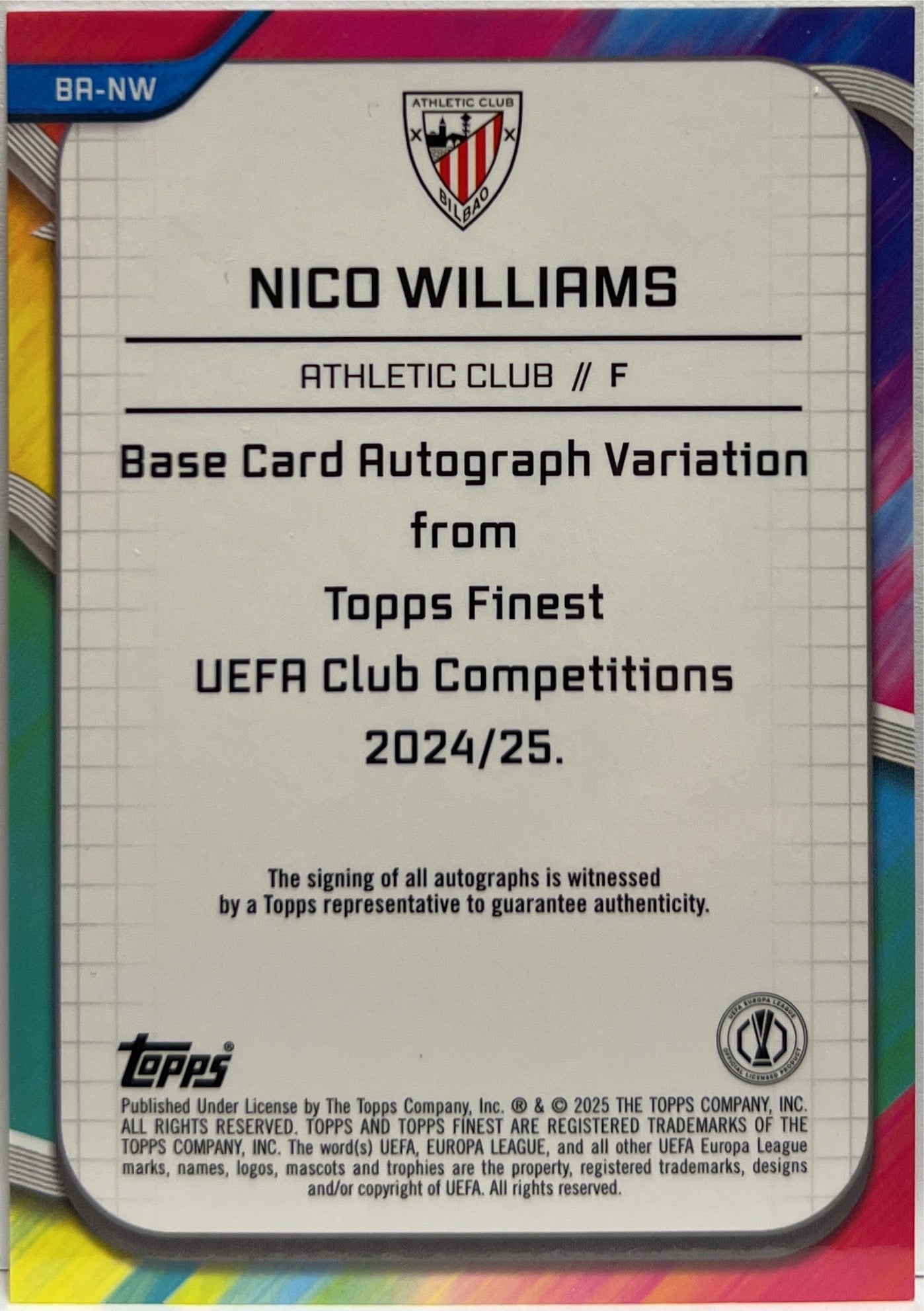 Nico Williams 127/150 Autograph Blue Topps Finest UCC 2024/25