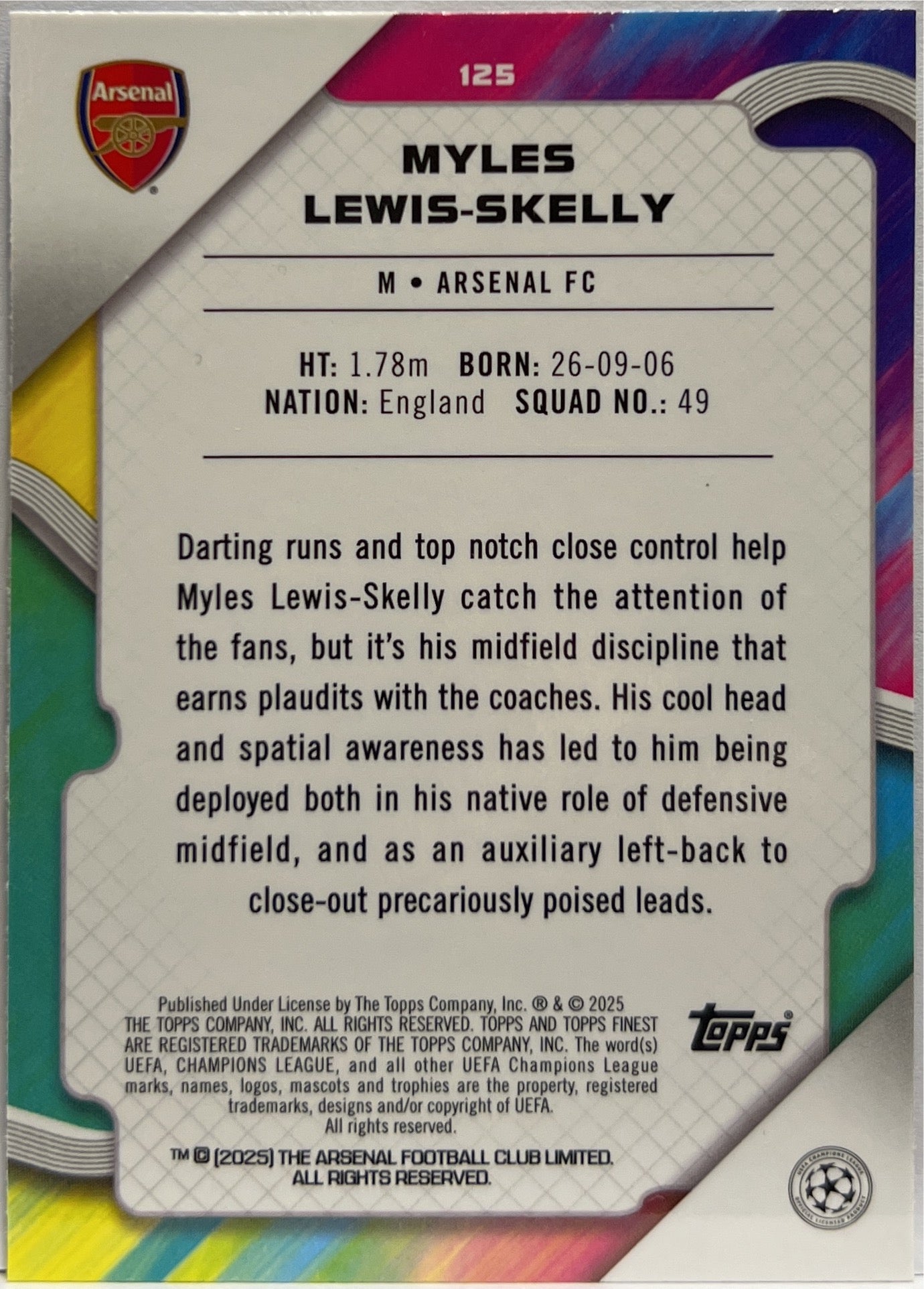 Myles Lewis Skelly 199/299 Rookie Purple Topps Finest UCC 2024/25