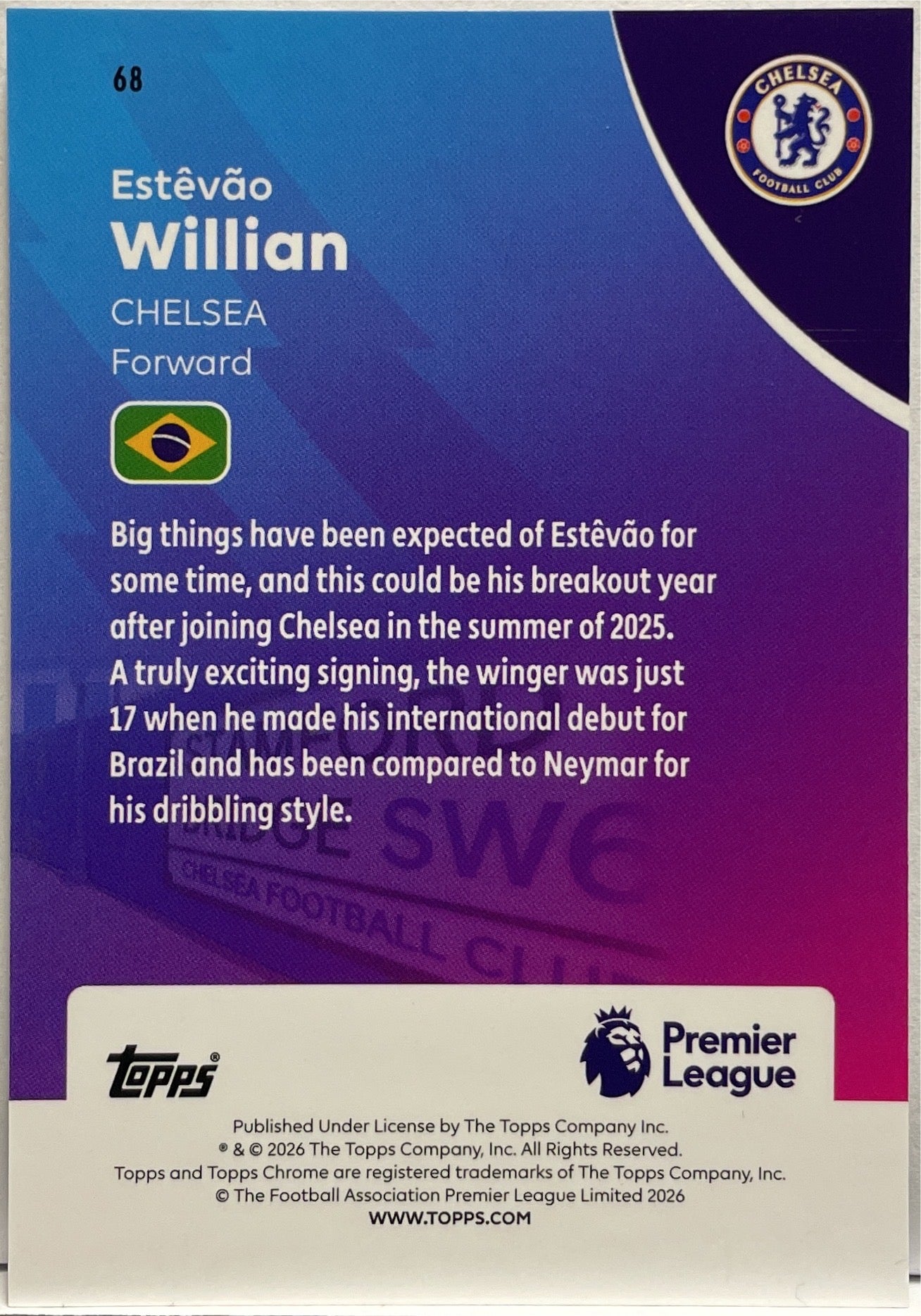 Estevao Willian Rookie Topps Chrome Premier League EPL 2026