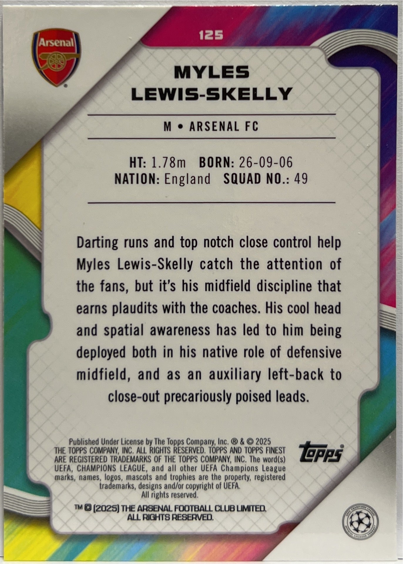 Myles Lewis Skelly 94/150 Rookie Blue RayWave Topps Finest UCC 2024/25