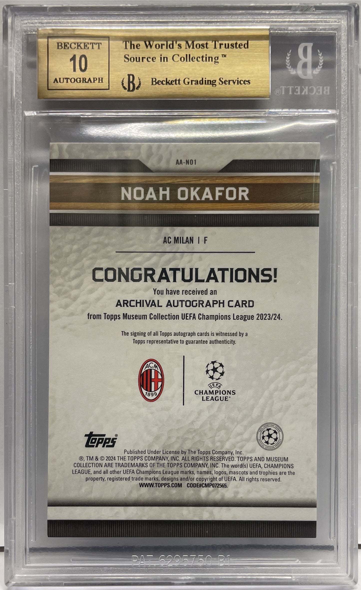 Beckett 9.5 - Noah Okafor 44/75 Autograph Sapphire - Topps Museum 2022/23
