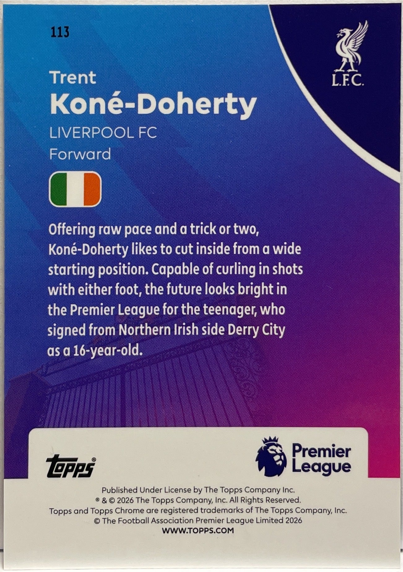 Trent Kone Doherty Rookie Topps Chrome Premier League EPL 2026