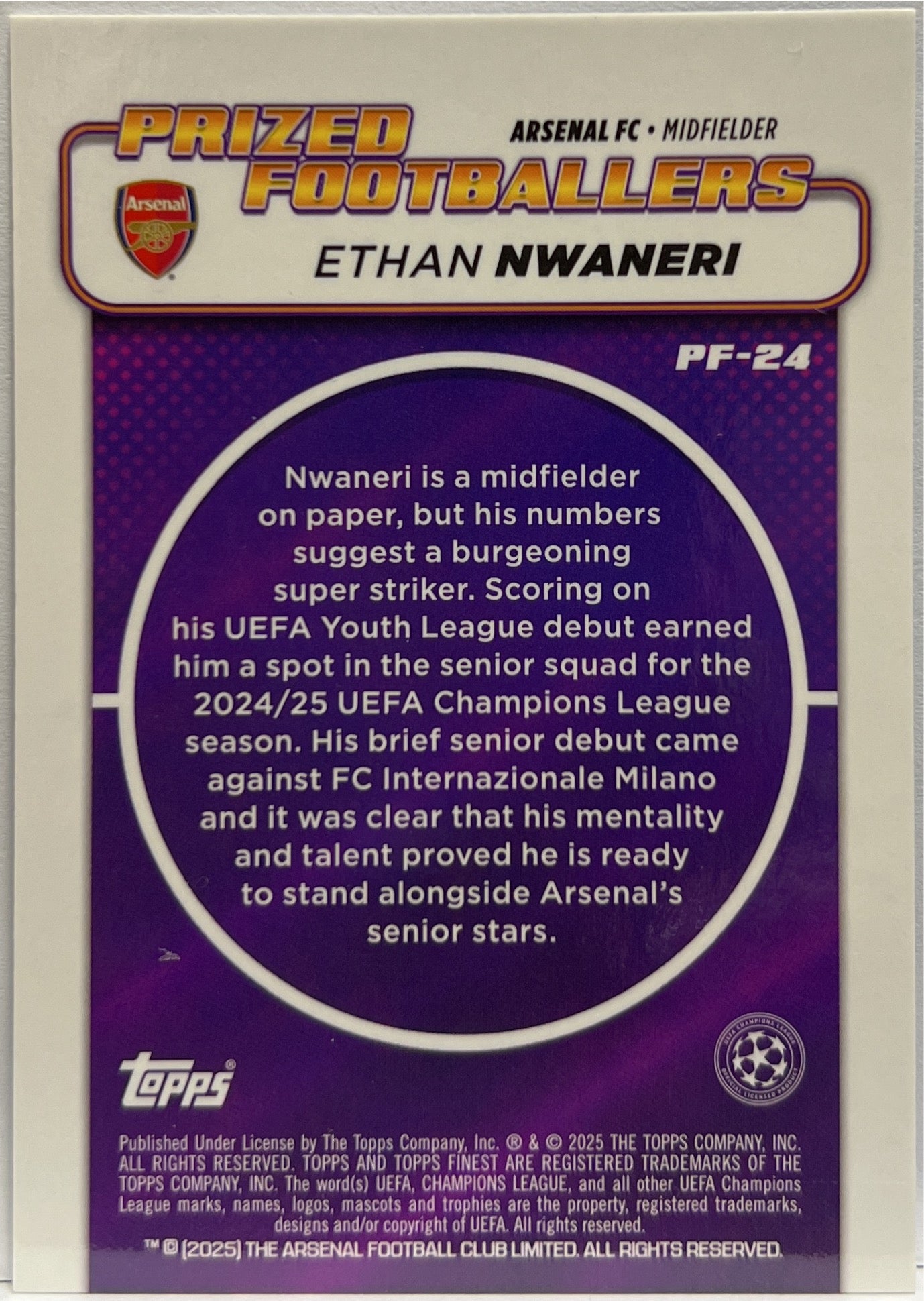 Ethan Nwaneri 41/150 Rookie Prized Footballers Blue Topps Finest UCC 2024/25