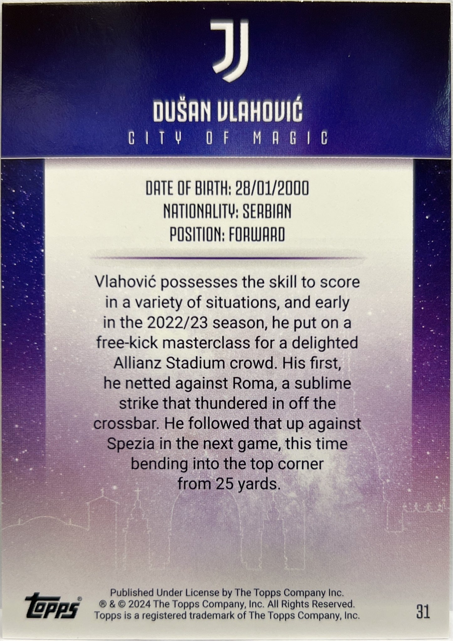 Dusan Vlahovic 15/25 City Of Magic Orange Topps Juventus Team Set 2023/24