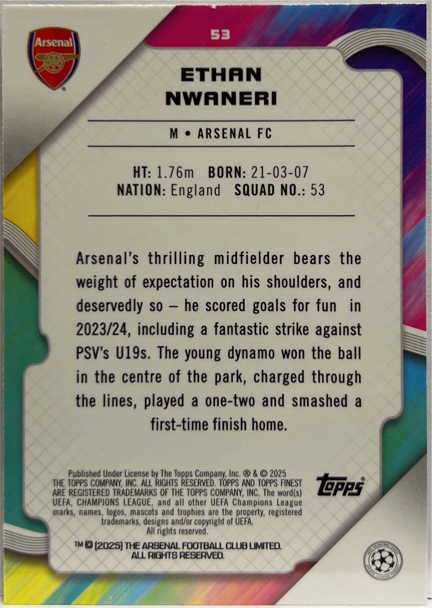 Ethan Nwaneri 56/275 Rookie Sky Blue Topps Finest UCC 2024/25