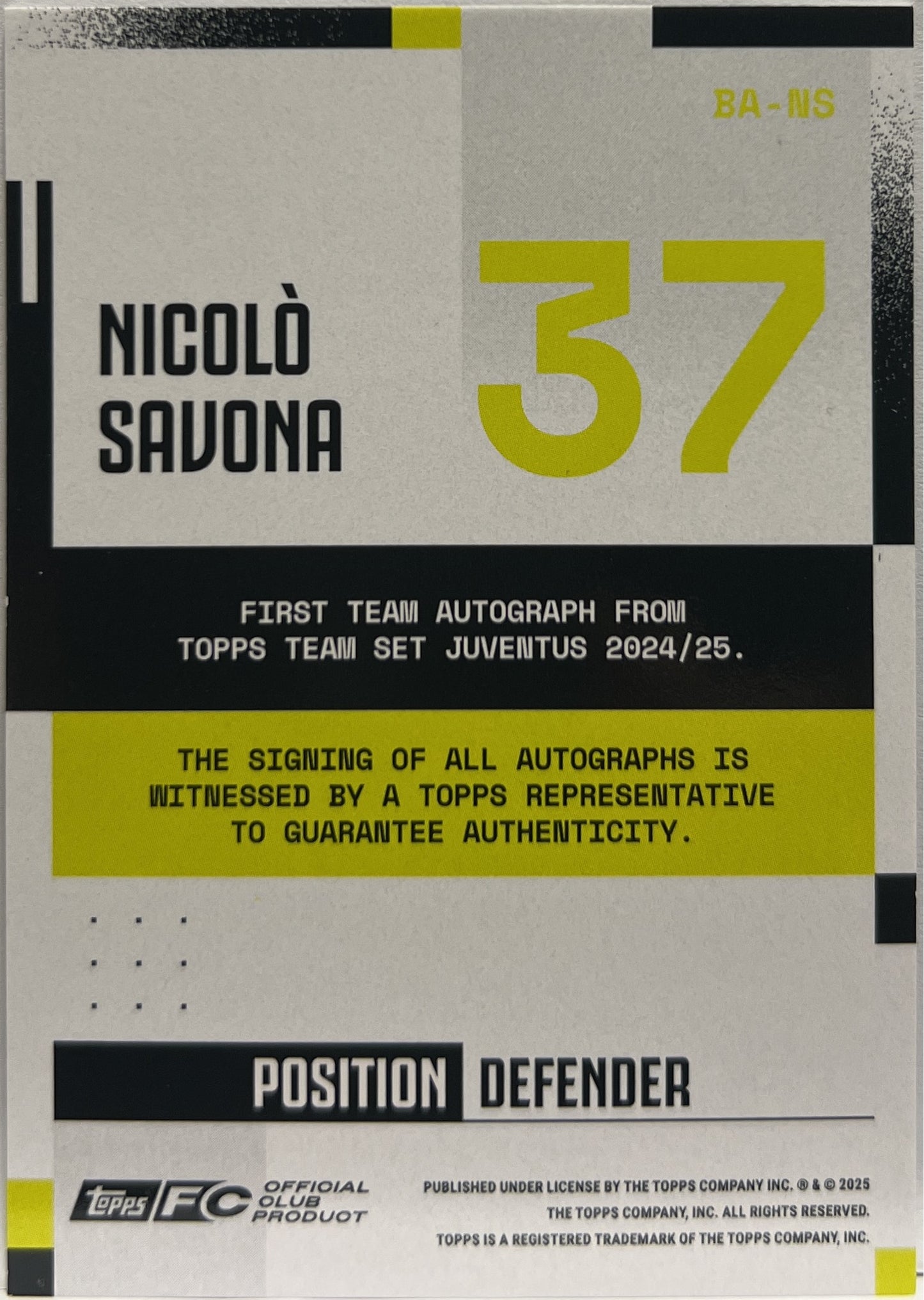 Nicolo Savona 241/250 Rookie Autograph Blue Topps Juventus Premium Team Set 2024/25