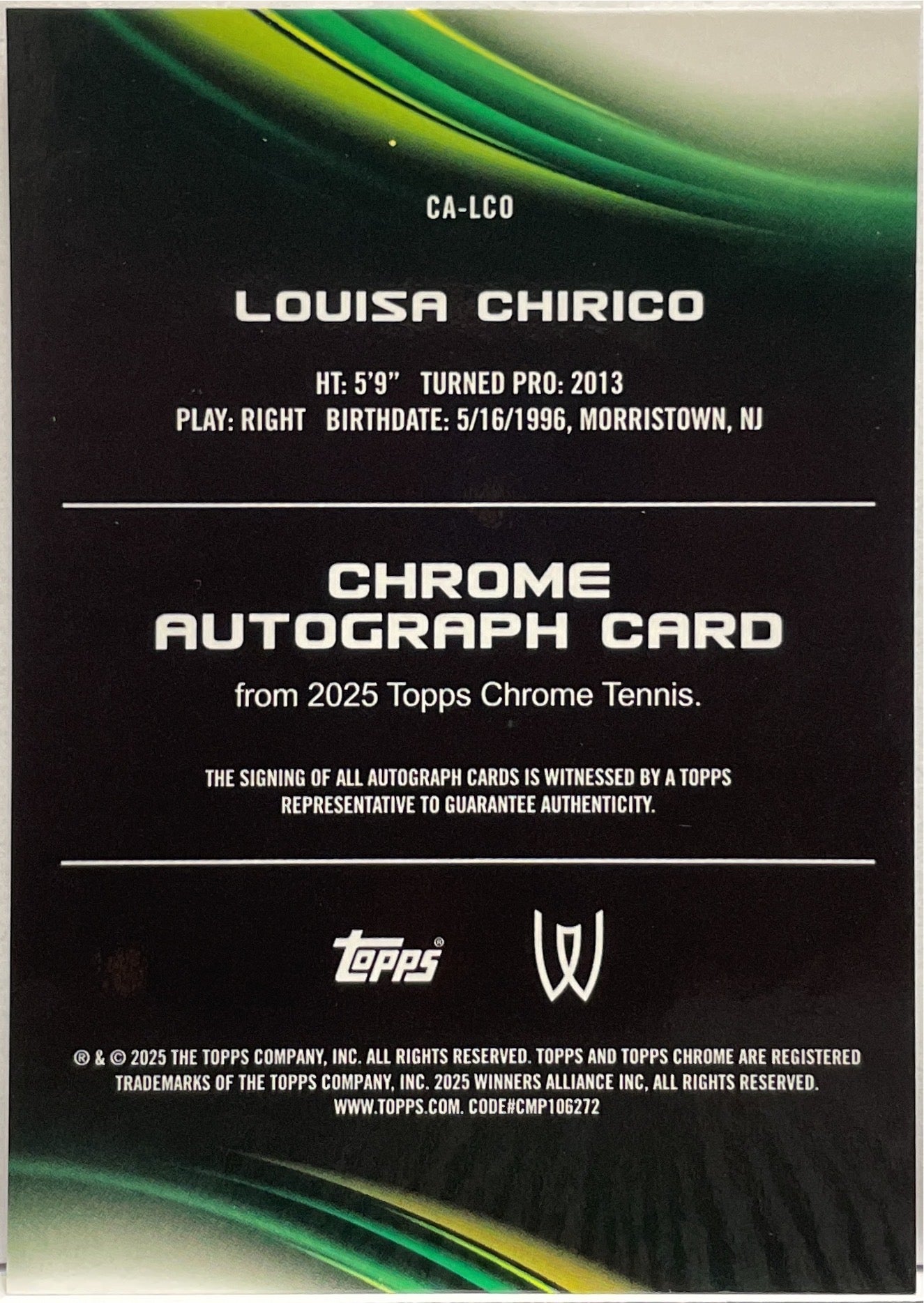 Louisa Chirico 24/50 Autograph Gold Topps Chrome Tennis 2025