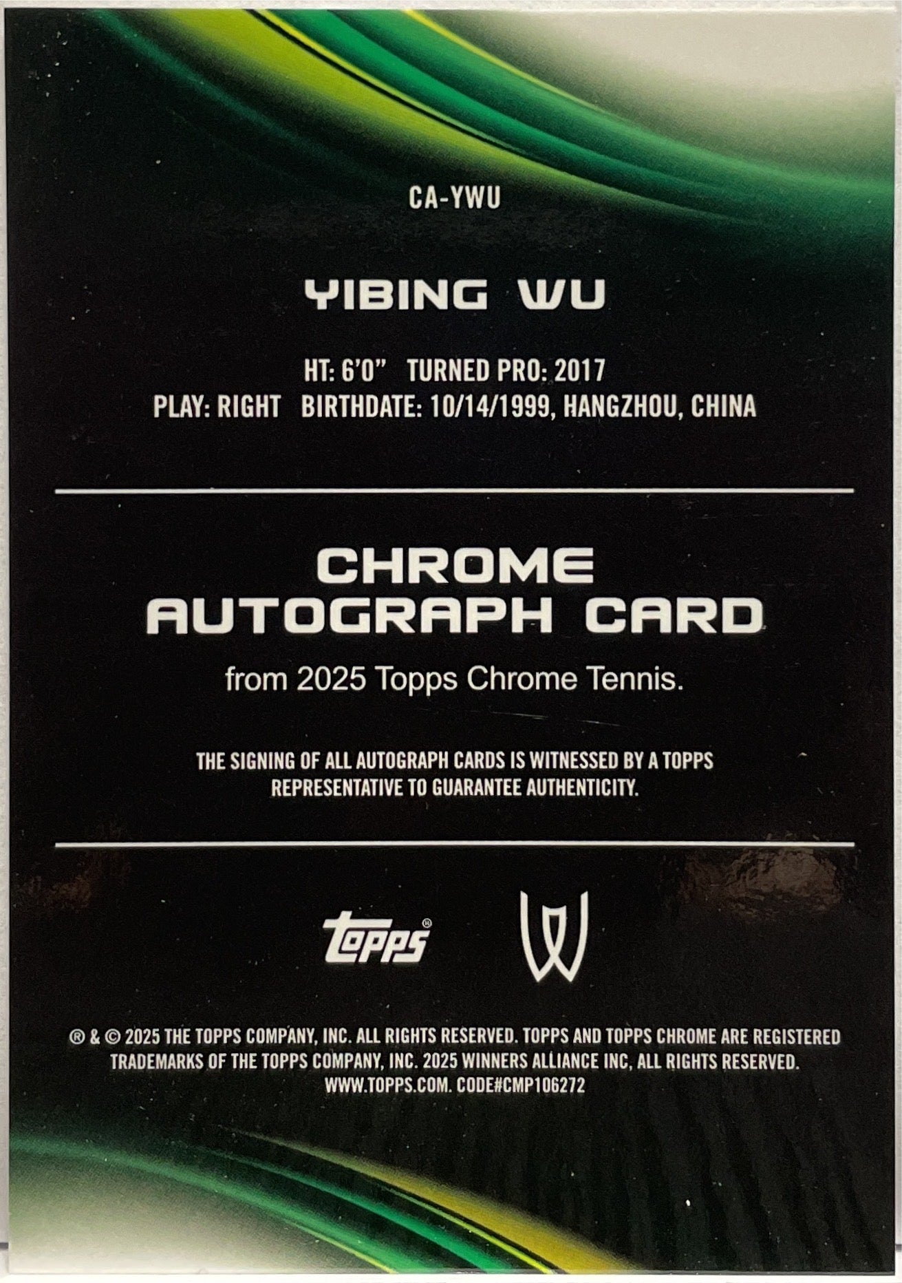 Yibing Wu 48/50 Autograph Gold Topps Chrome Tennis 2025
